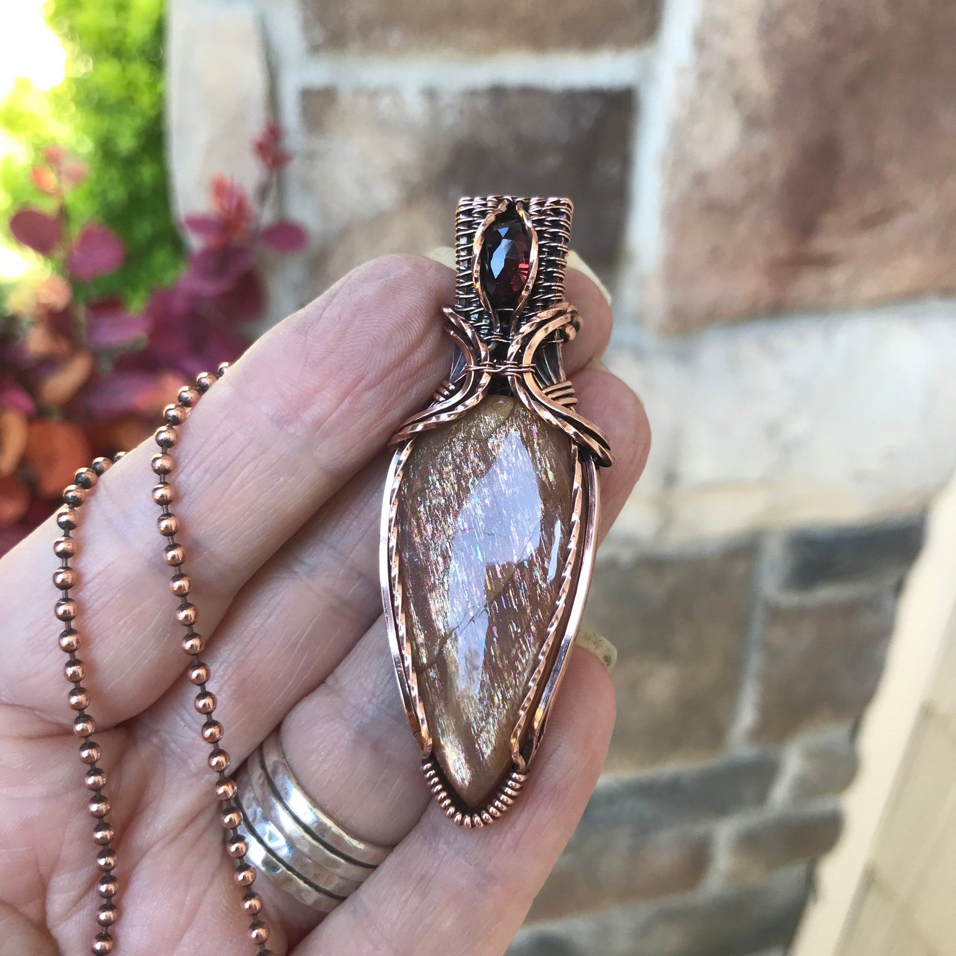 Sunstone & Garnet Copper Pendant