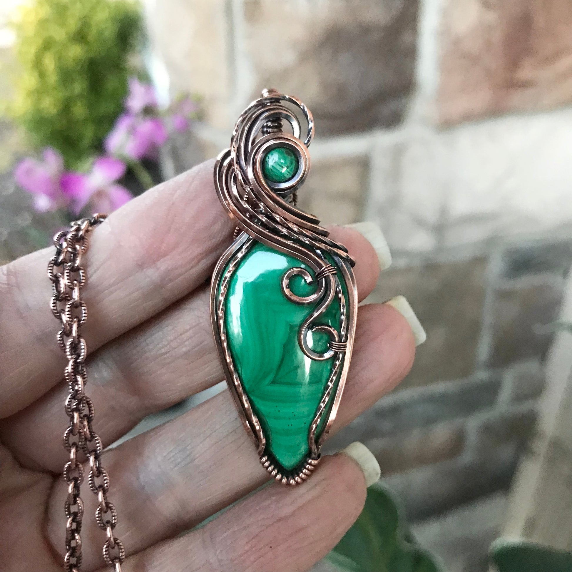 Malachite w/ Malachite Accent Slender Copper Necklace