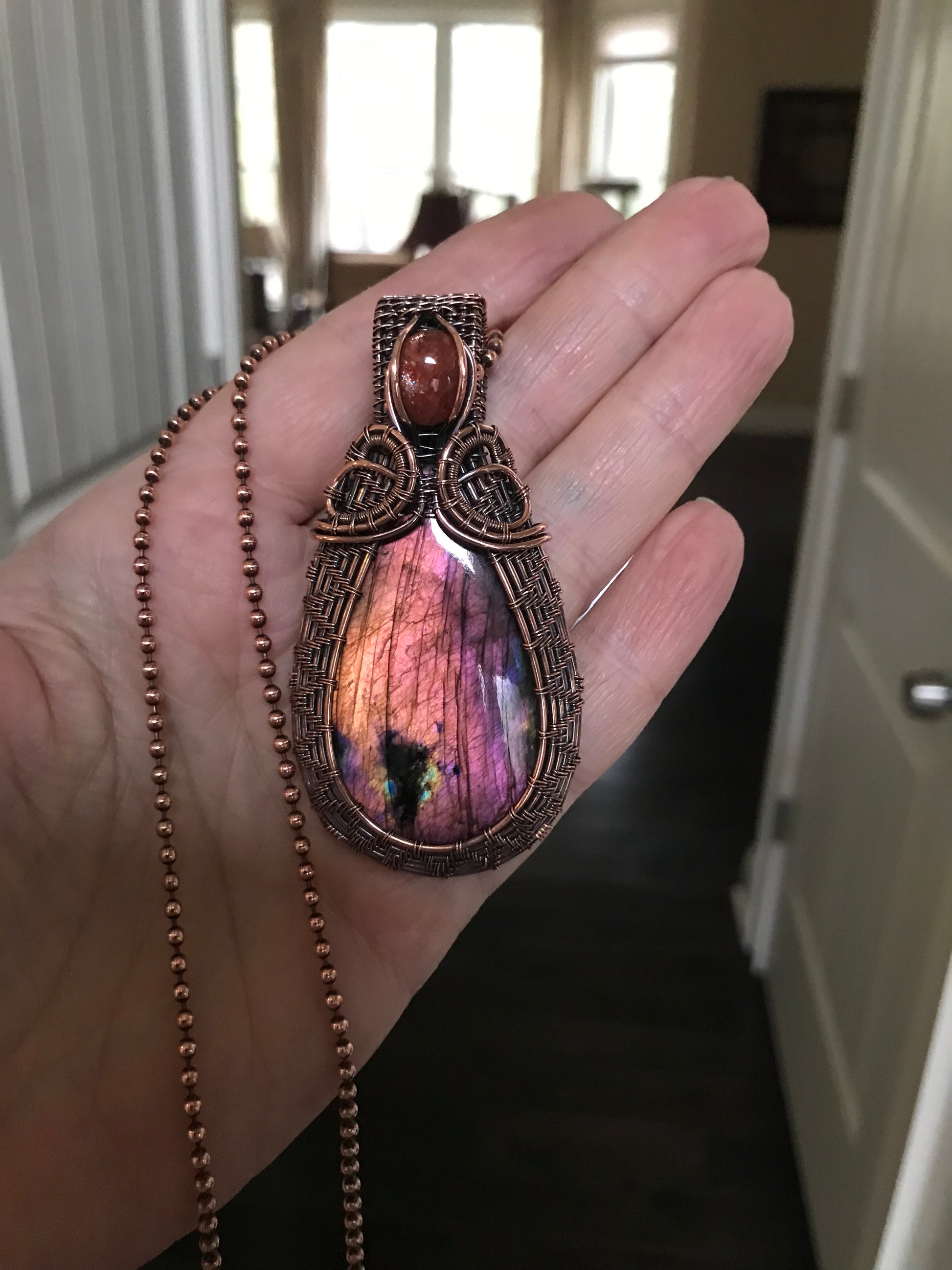 Orange Pink Labradorite & Sunstone Woven Pendant