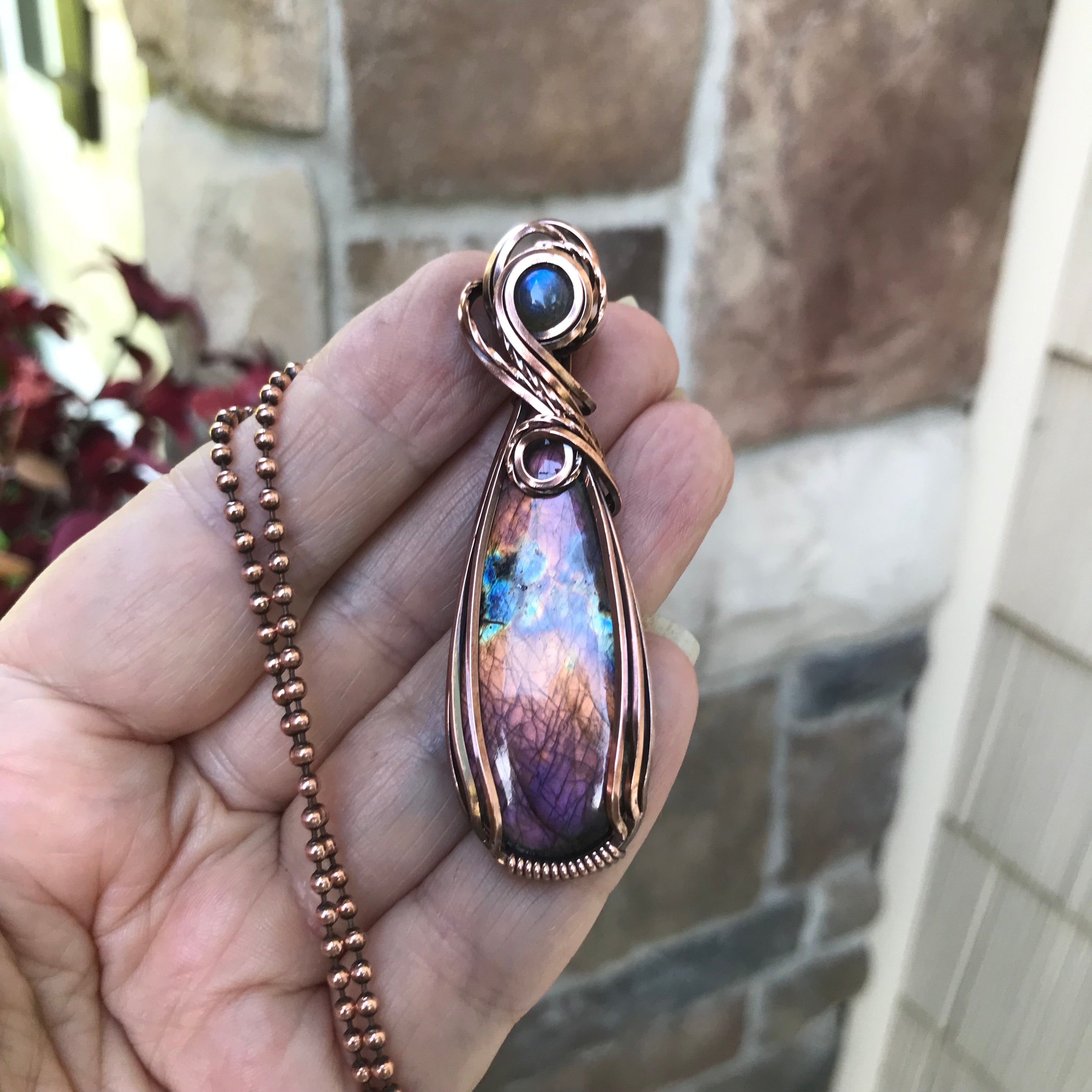 Orange & Purple Labradorite Slender Copper Pendant