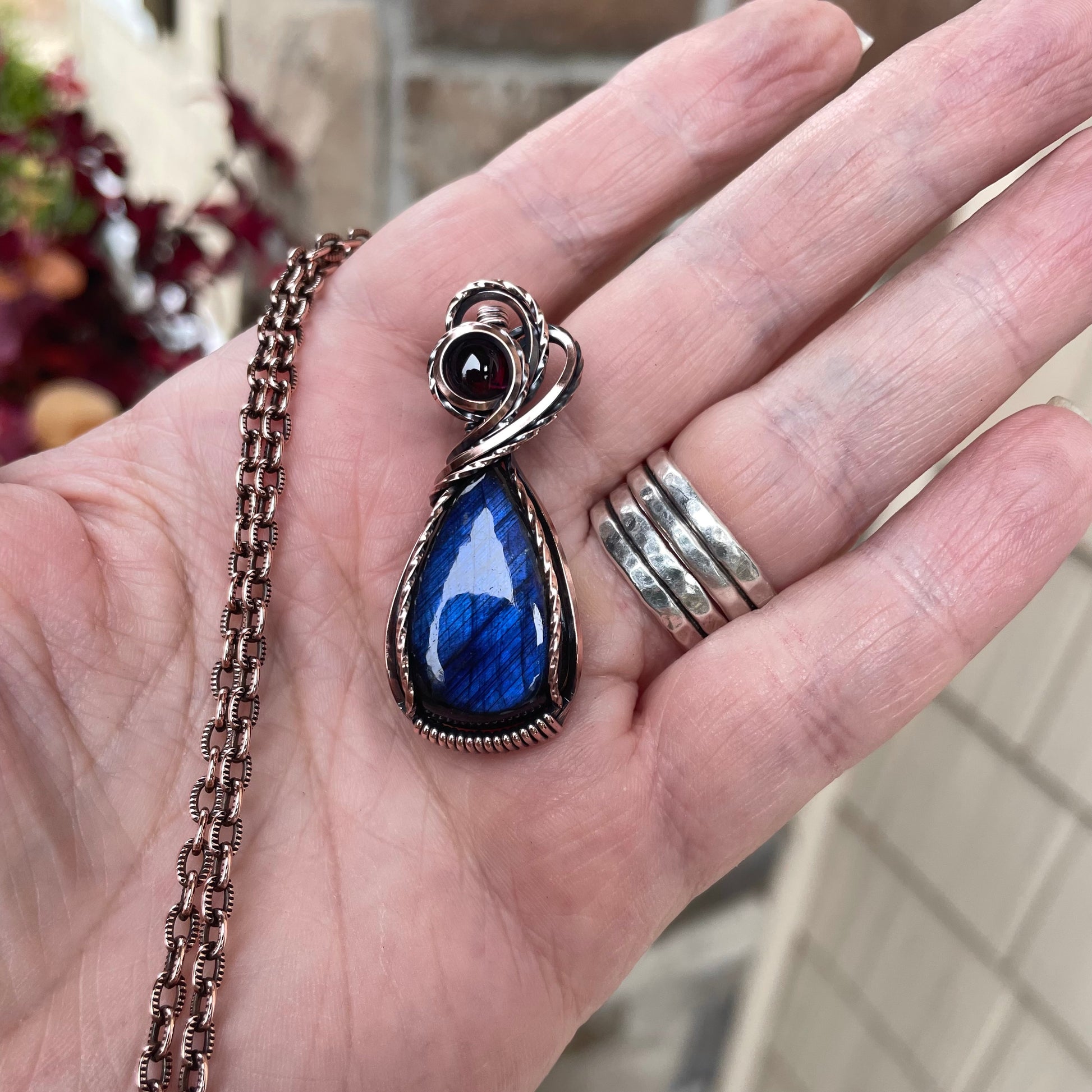 Blue Labradorite & Garnet Copper Pendant