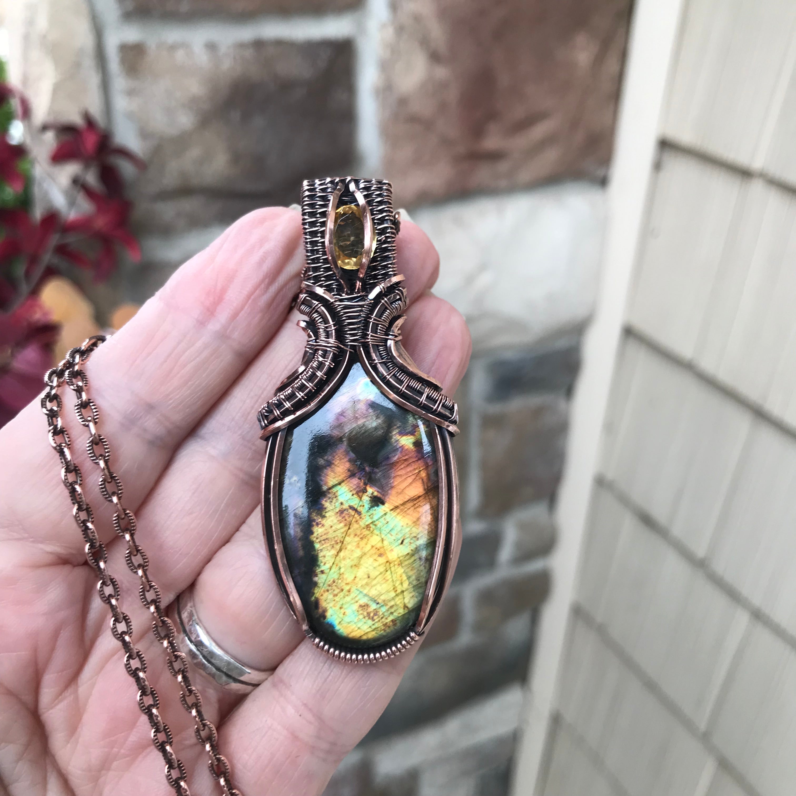 Yellow Orange Black Labradorite & Citrine Copper Pendant