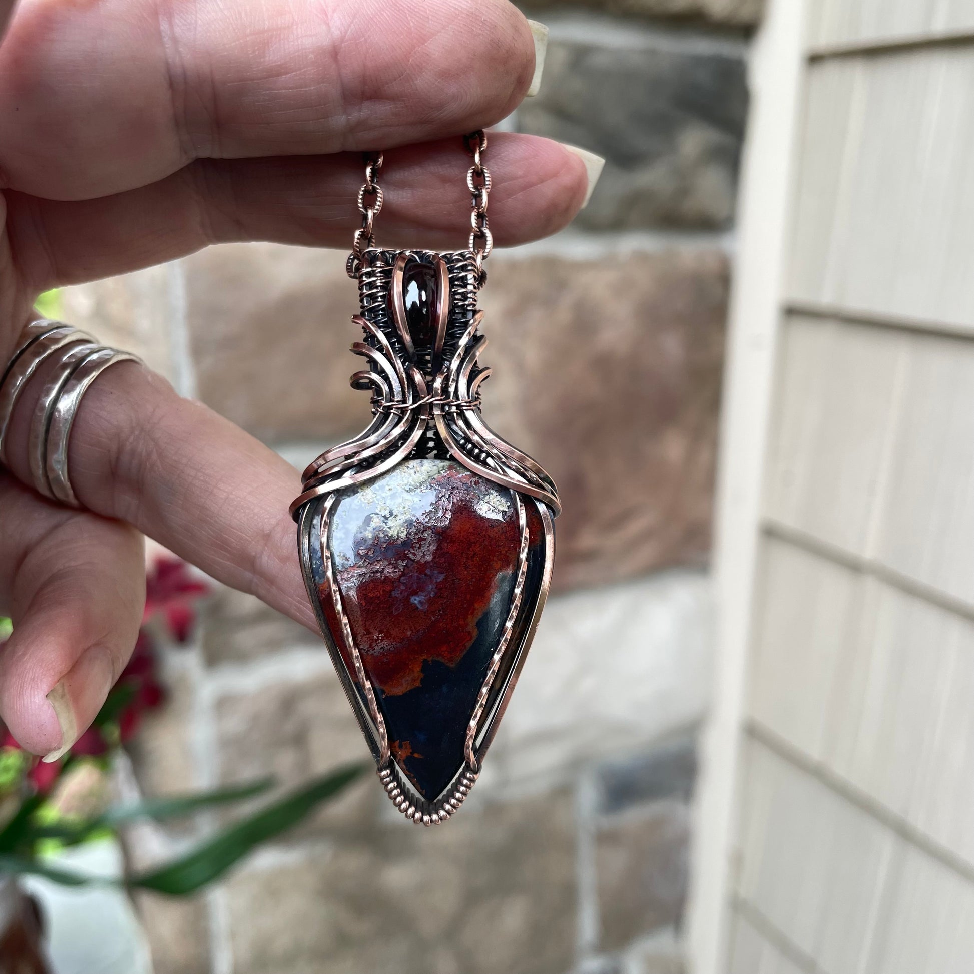 Maroon Crazy Lace Agate & Garnet Copper Pendant