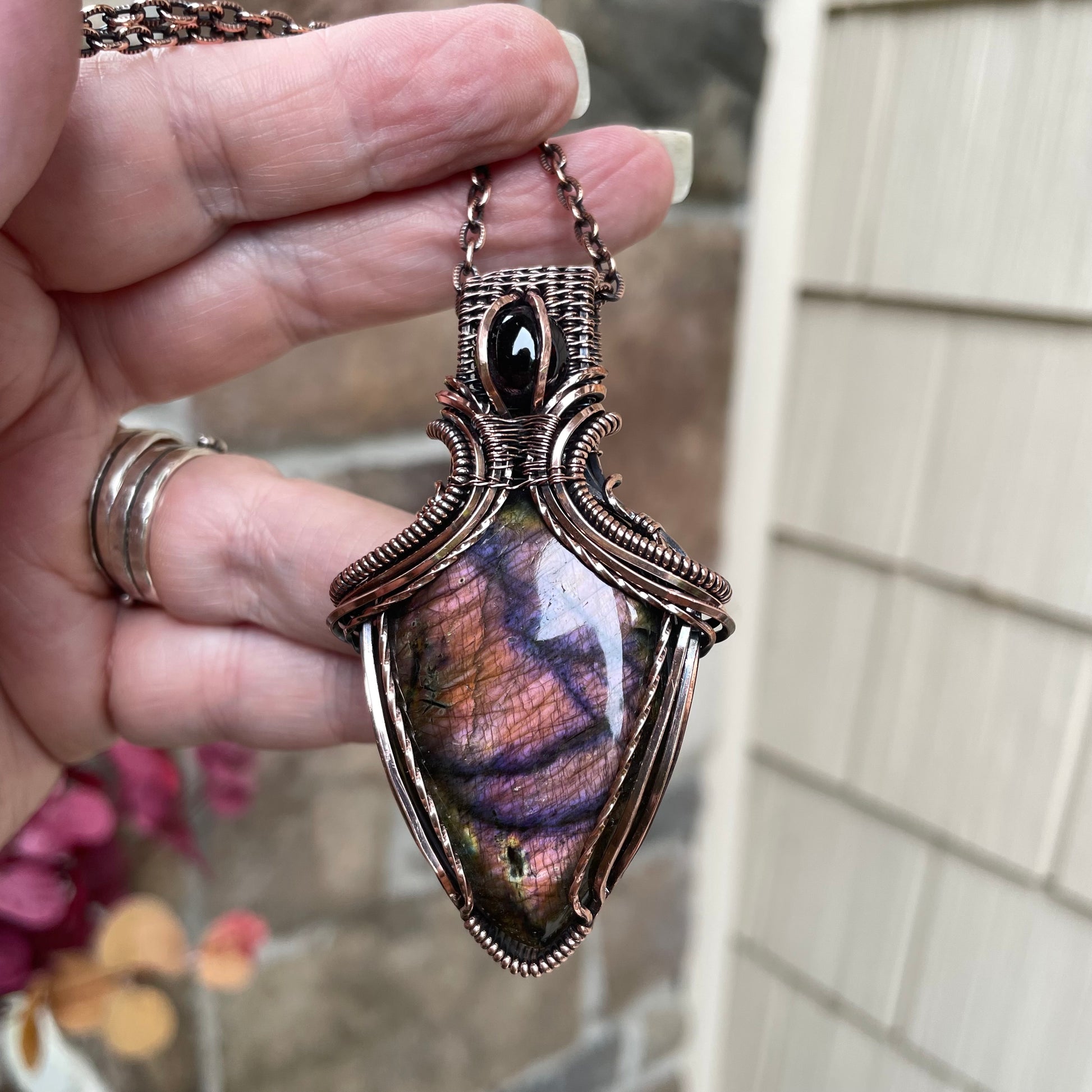 Maroon Purple Labradorite & Garnet Copper Pendant with Weaving