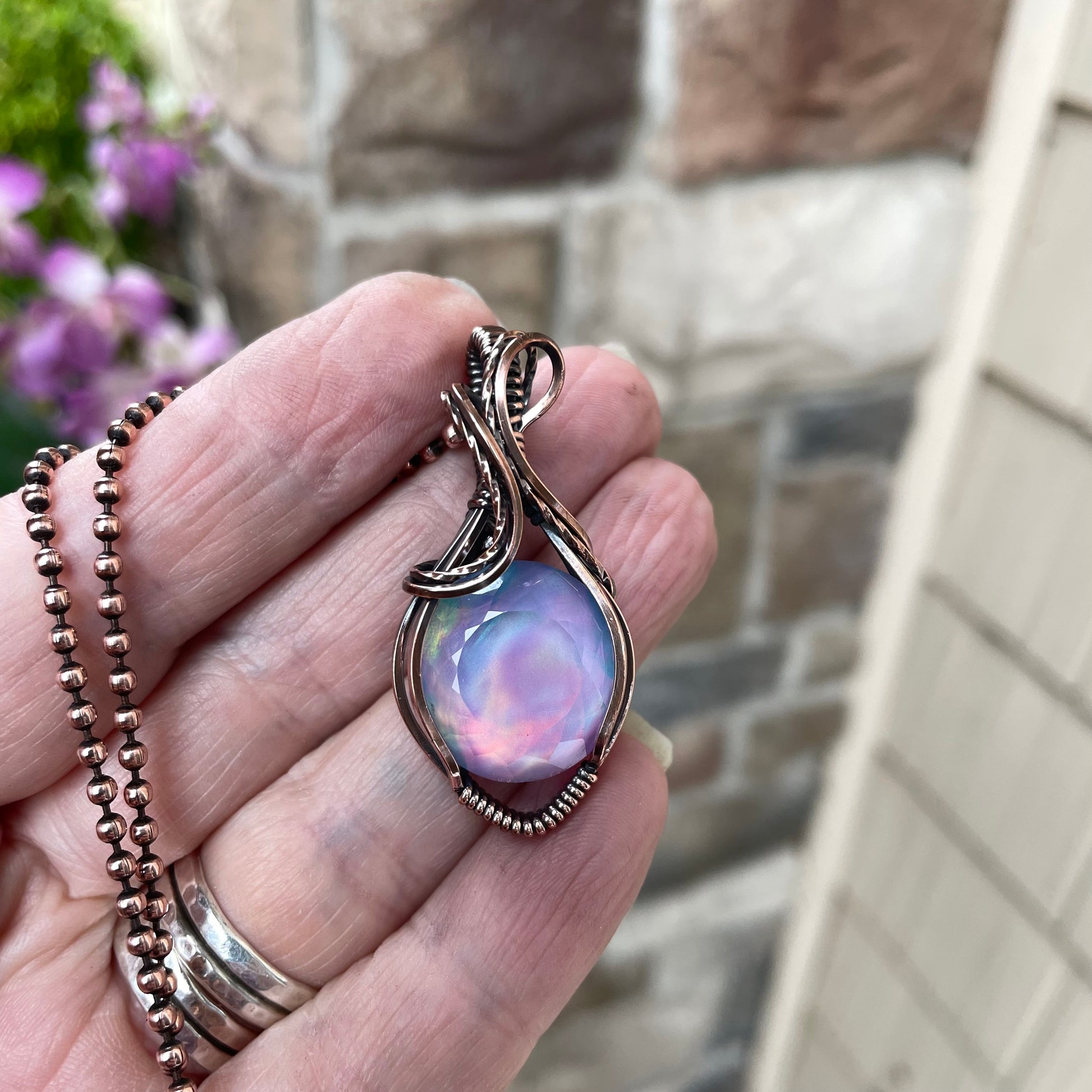 Aurora Opal Pink Purple Round Copper Pendant
