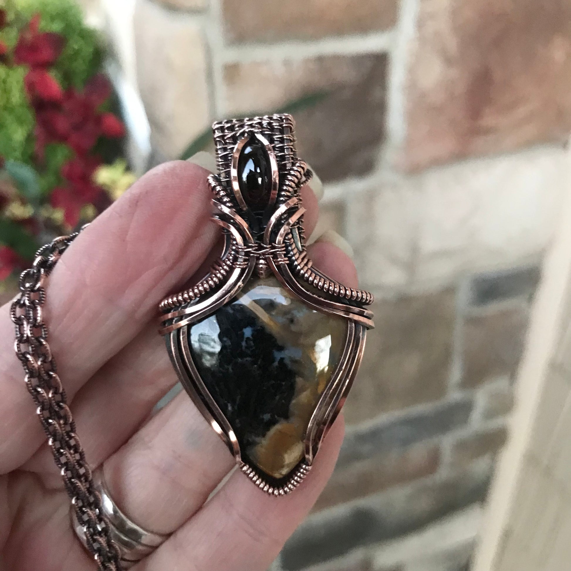 Petrified Palm Root Agate & Garnet Copper Necklace