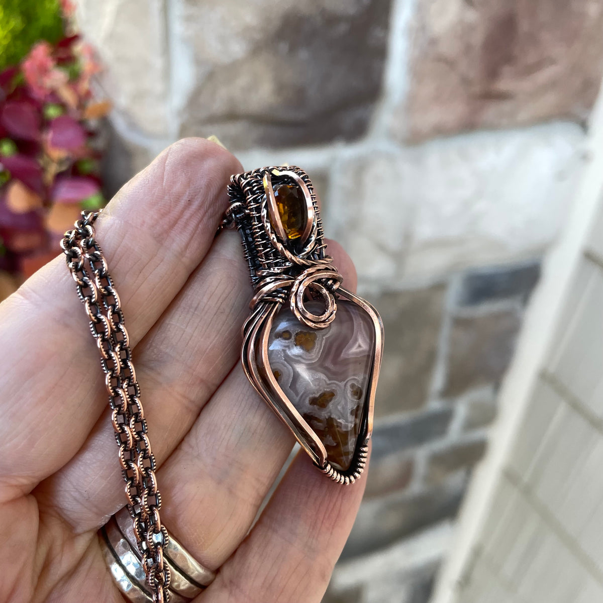 Pink Agua Nueva Plume Moss Agate & Honey Garnet Copper Necklace