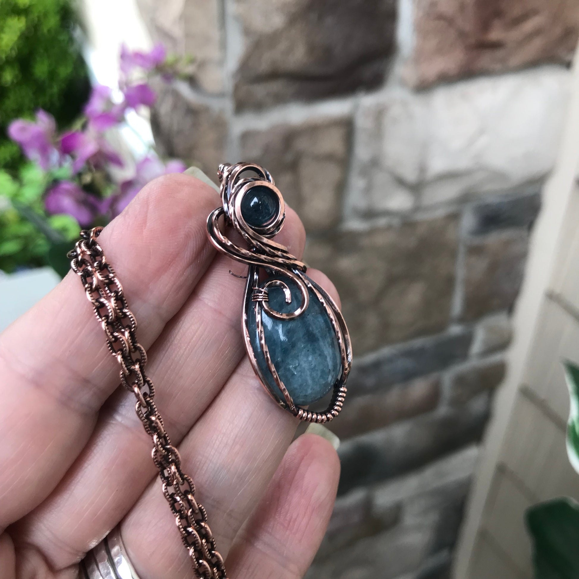 Aquamarine Oval Small Copper Pendant