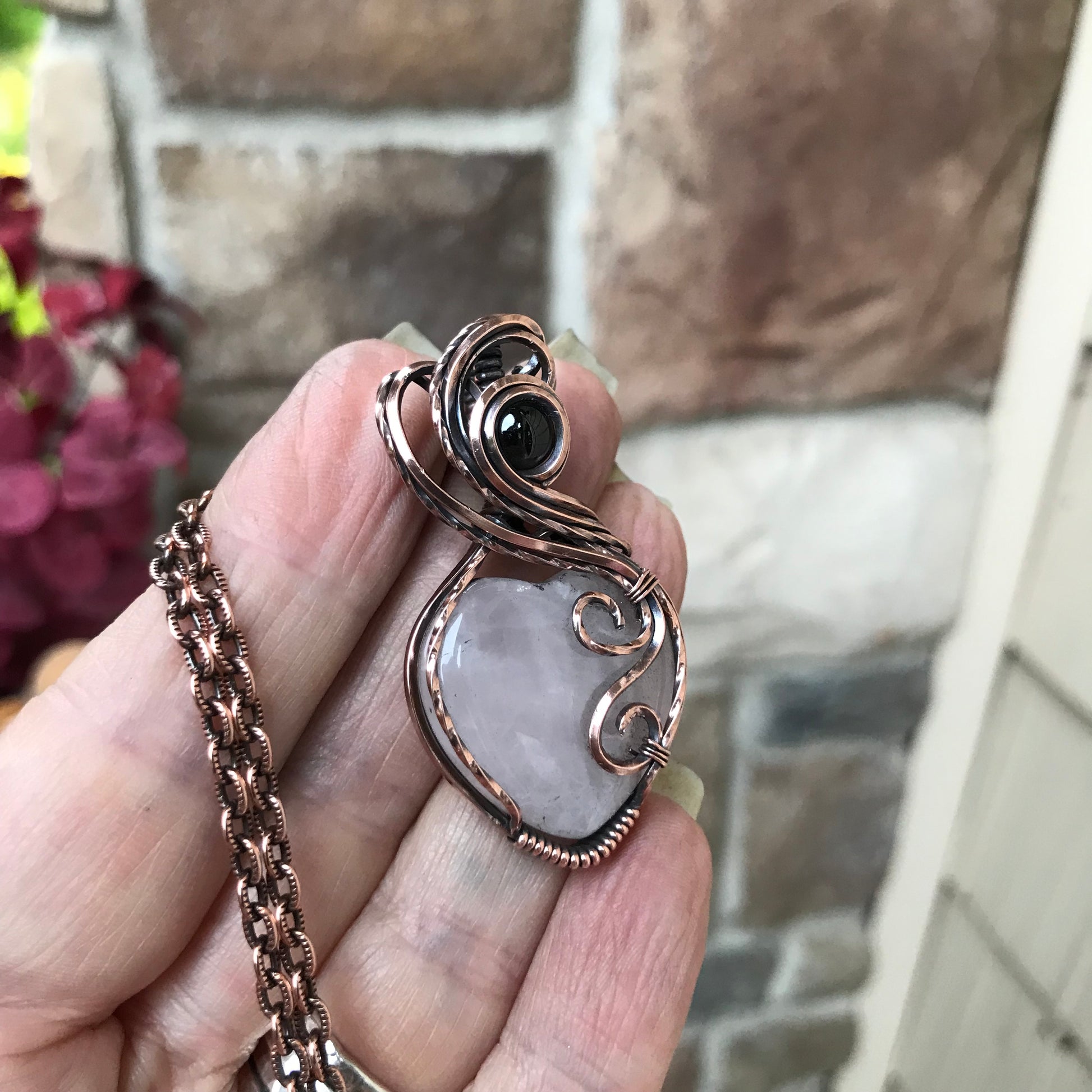 Rose Quartz & Garnet Copper Heart Necklace