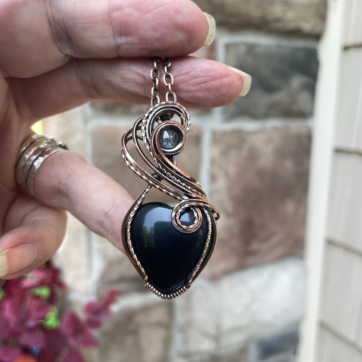 Obsidian & Rutile Quartz Heart Copper Pendant