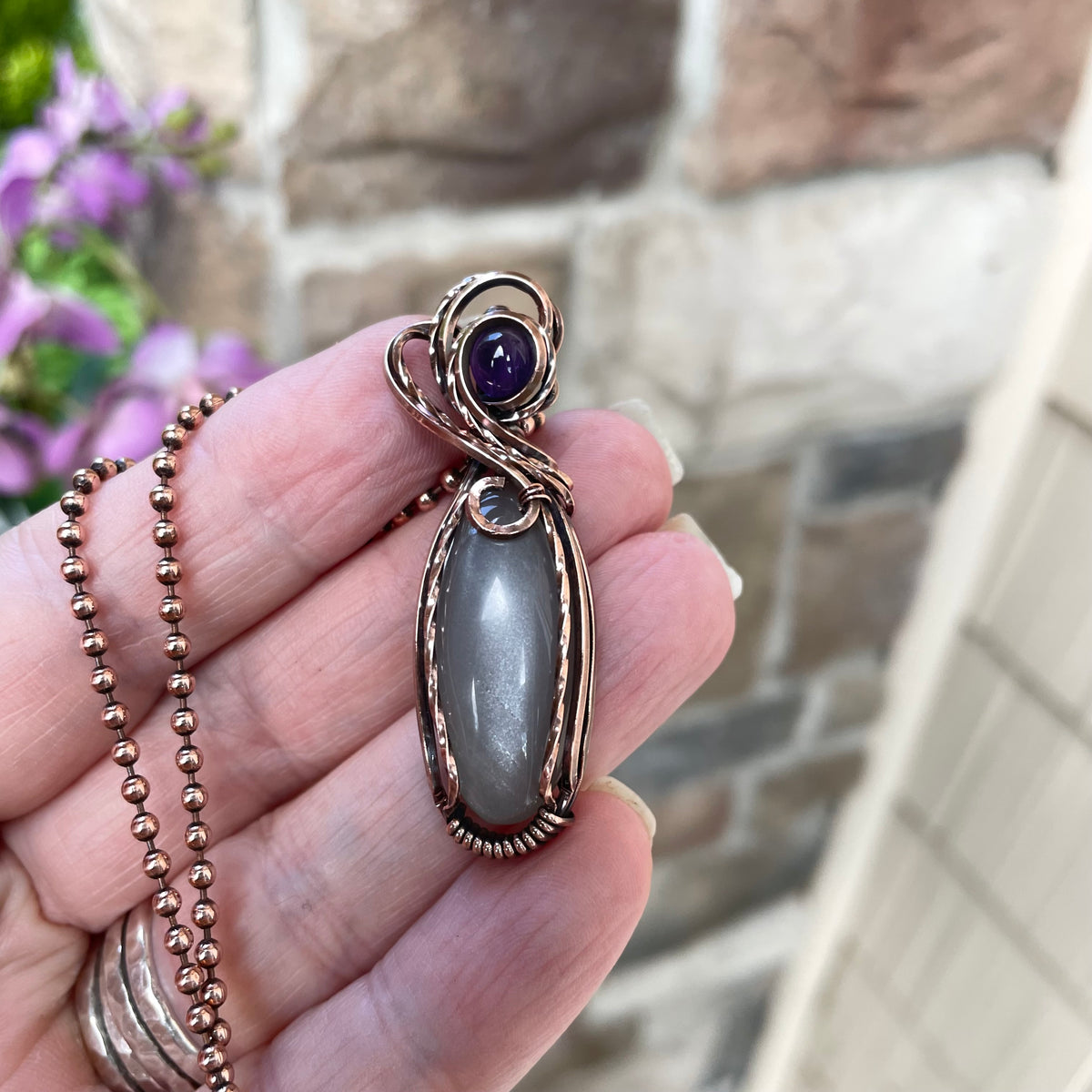 Gray Moonstone & Amethyst Copper Pendant
