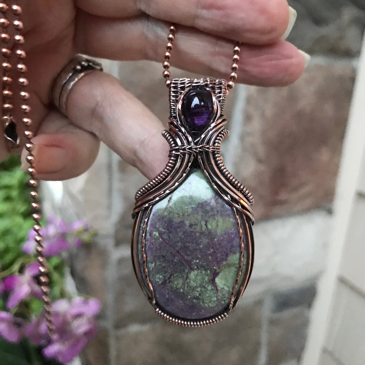 Stichtite & Amethyst Copper Pendant with Weaving