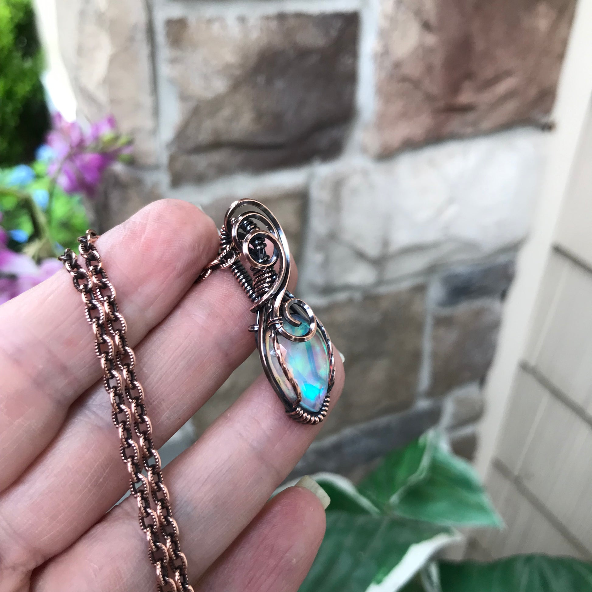 Aurora Opal Small Green Rainbow Copper Pendant