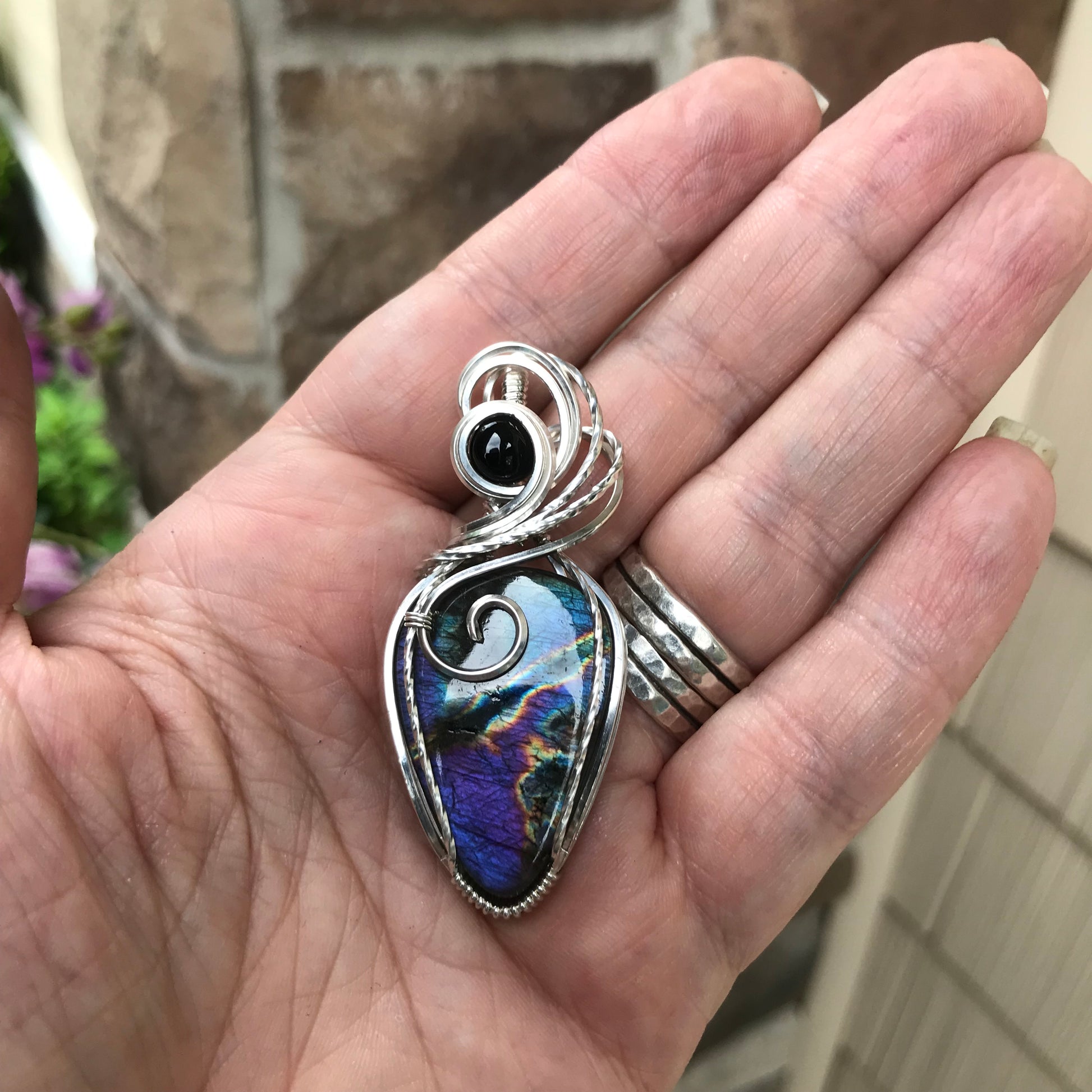 RESERVED - Purple Labradorite & Black Onyx Silver Necklace