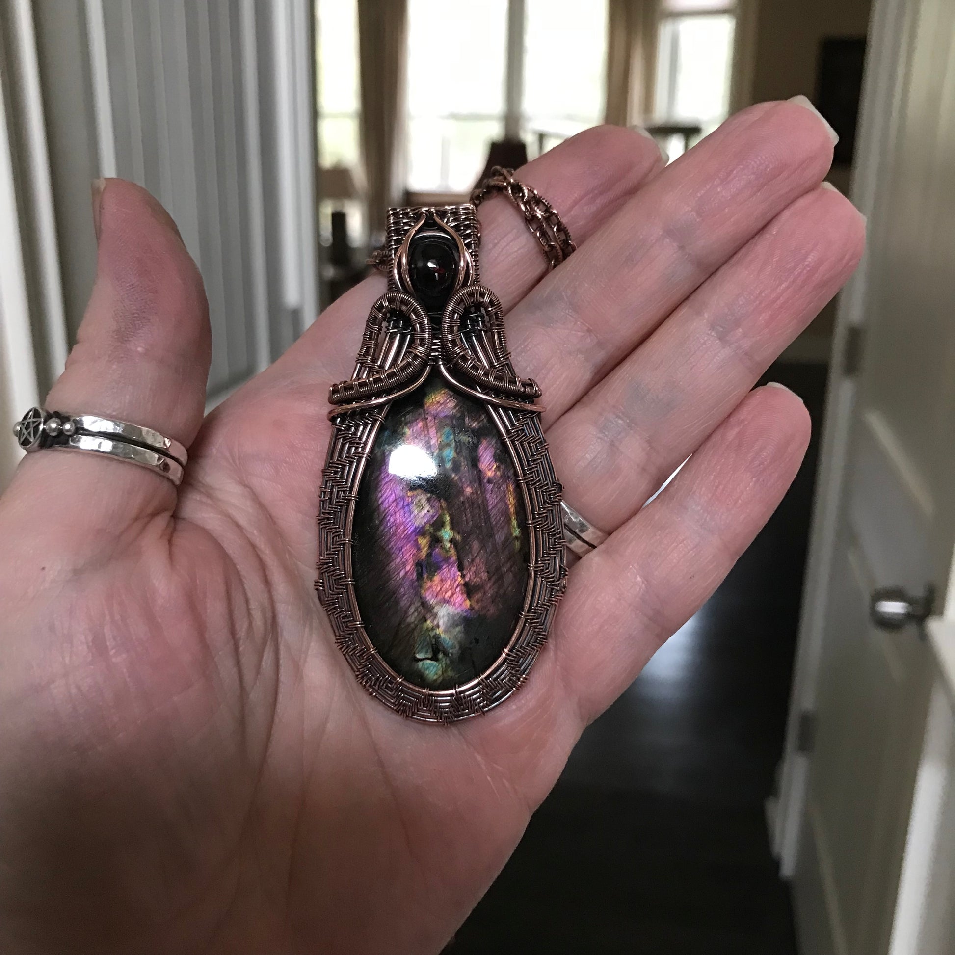 Purple Maroon Labradorite & Garnet Woven Copper Pendant