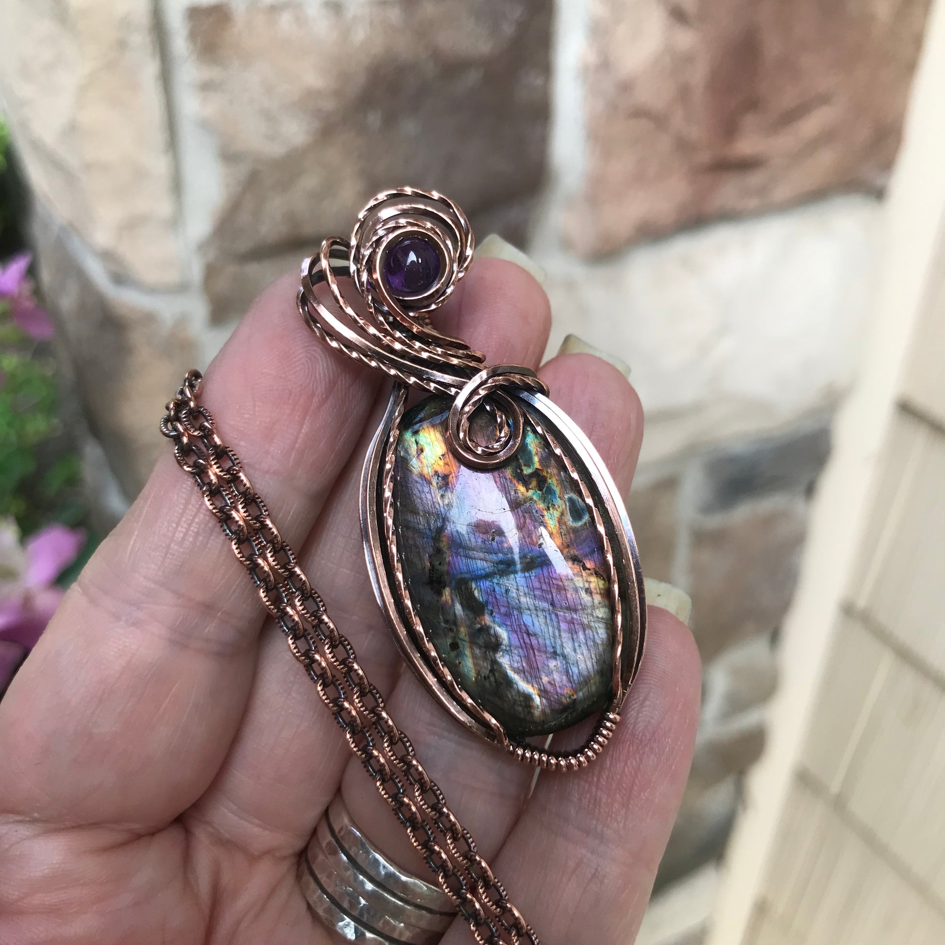 Smoky Purple Rainbow Labradorite & Amethyst Oval Copper Pendant