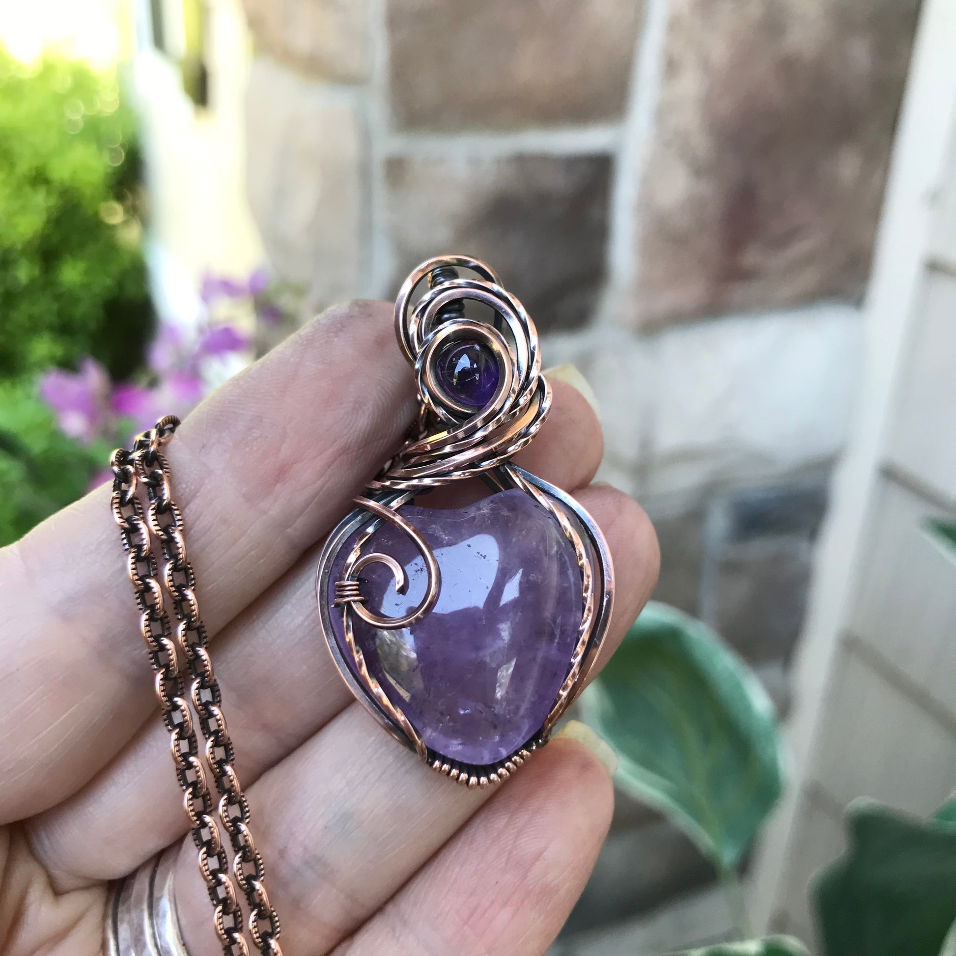 Amethyst Heart with Amethyst Accent Copper Pendant