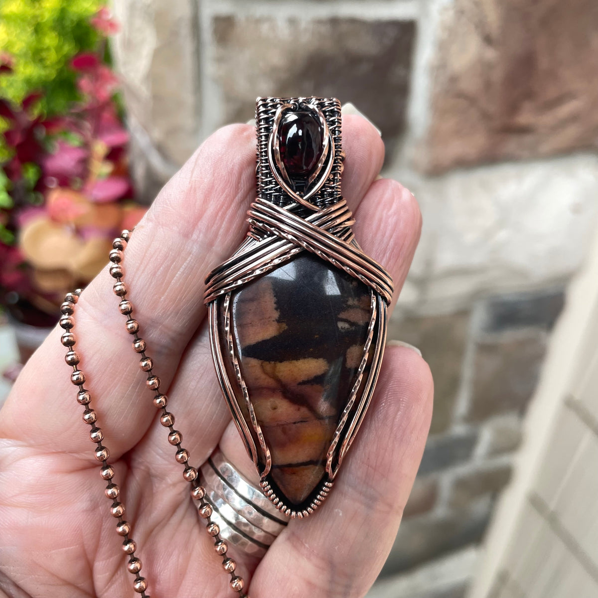 Biggs Jasper & Garnet Copper Pendant with Weaving