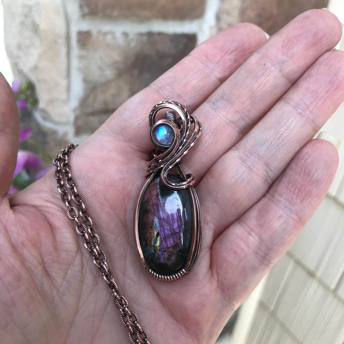 Purple Labradorite & Moonstone Oval Copper Pendant