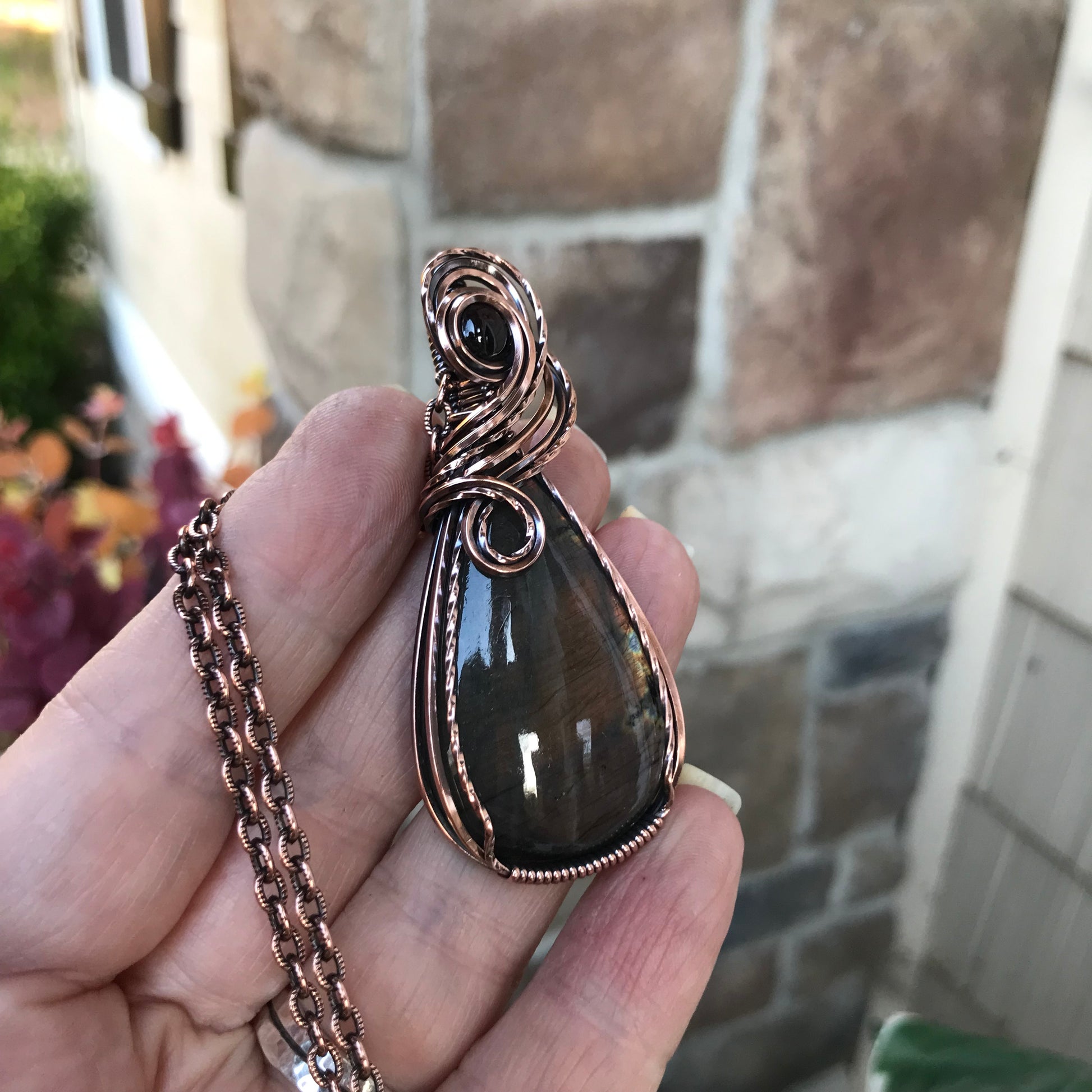 Burgundy Labradorite & Garnet Swirly Copper Necklace