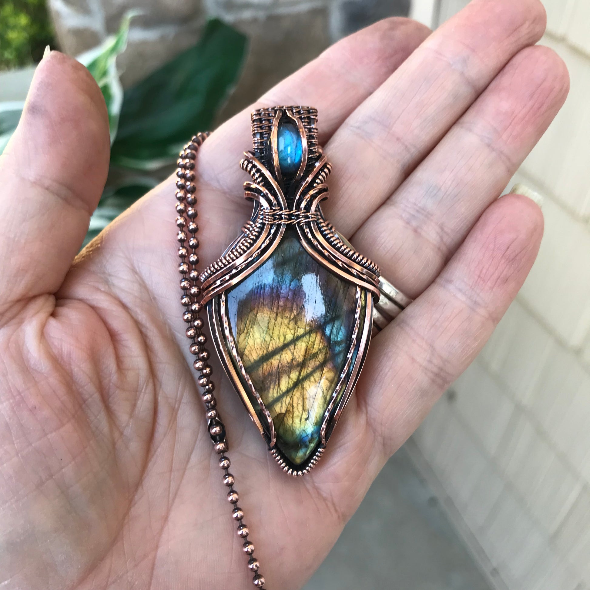 Yellow Rainbow Labradorite Copper Pendant with Weaving