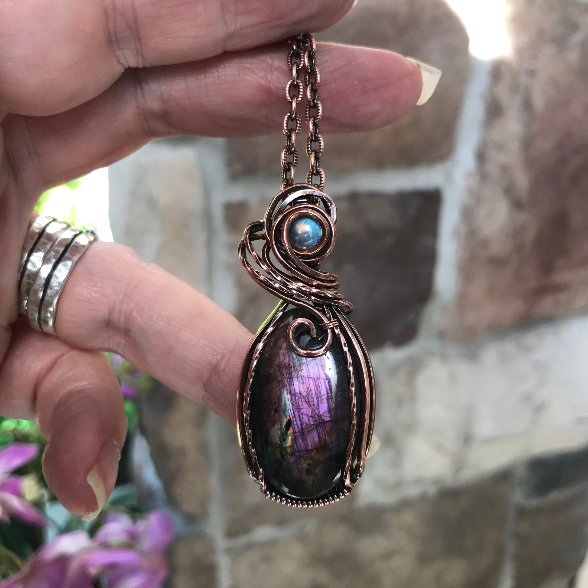 Purple Labradorite & Moonatone Copper Pendant