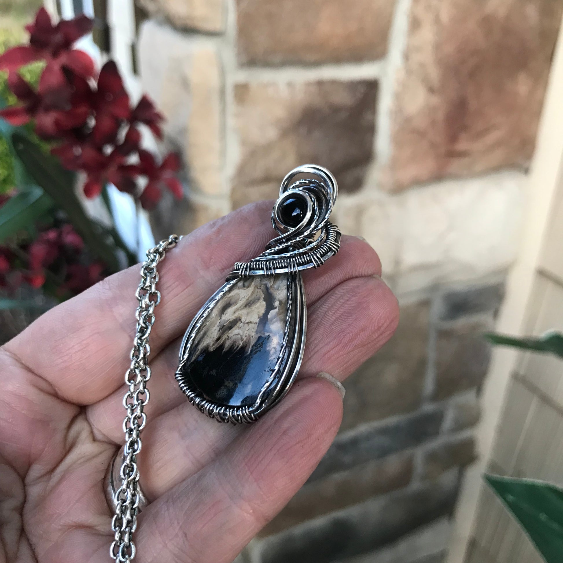 CUSTOM LISTING - Petrified Palm Wood & Black Onyx Silver Pendant