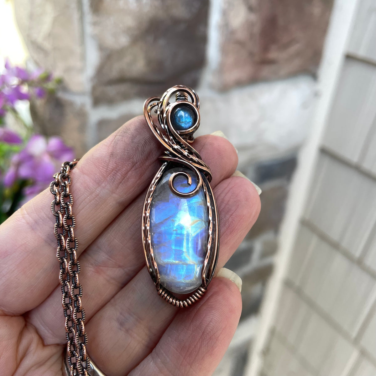 Moonstone & Blue Labradorite Swirly Copper Pendant