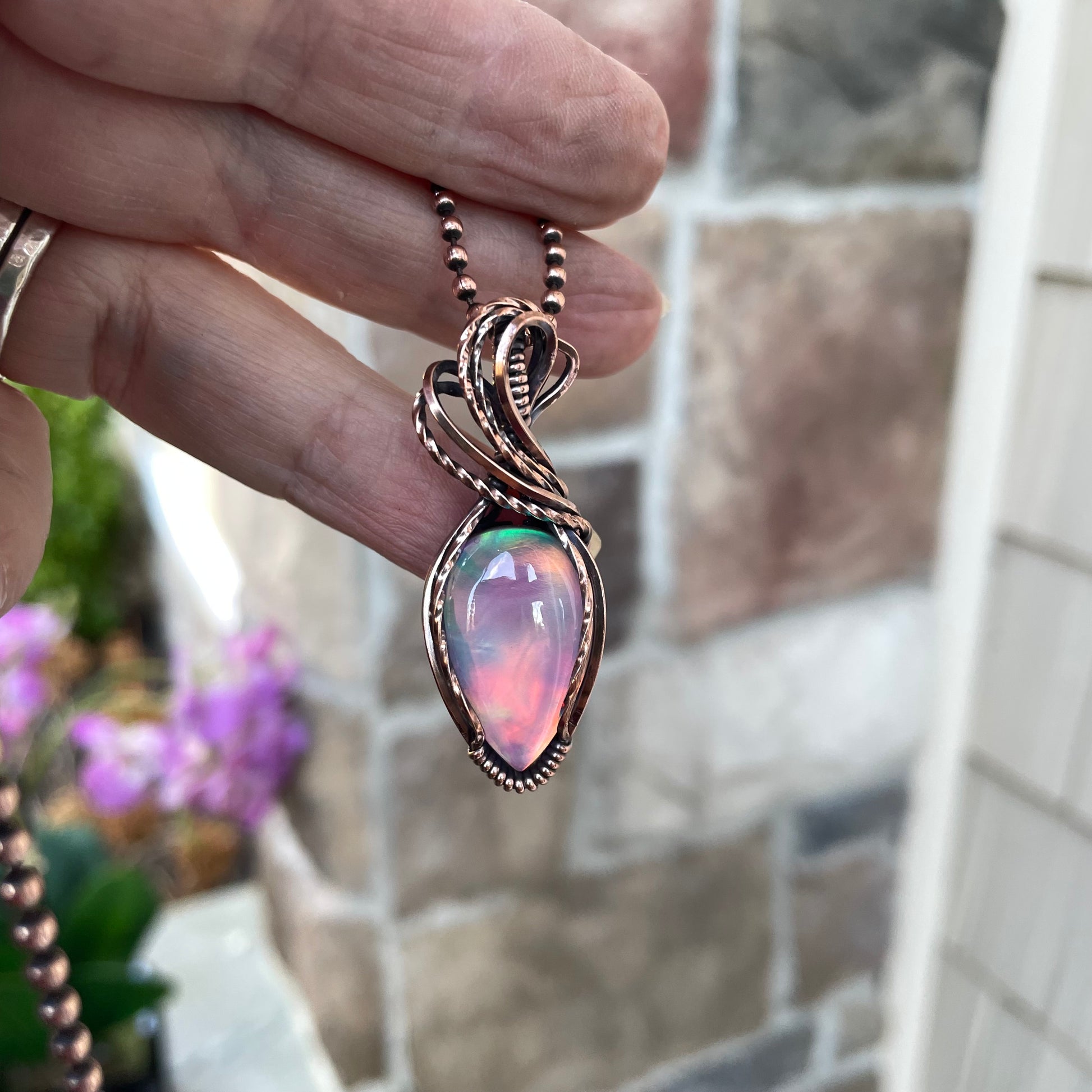 Aurora Opal Pink Orange Copper Necklace