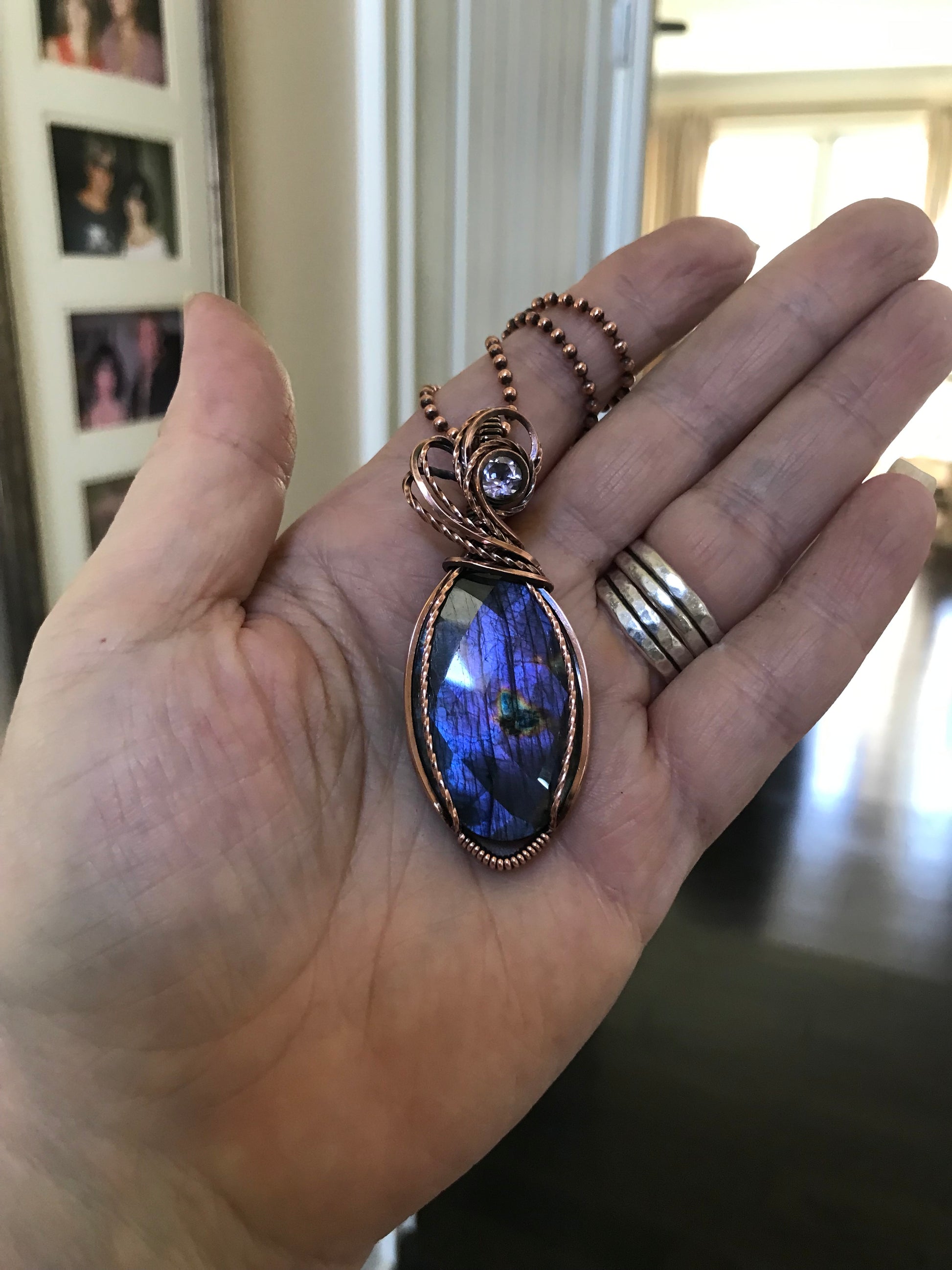Faceted Purple Oval Labradorite & Pink Amethyst Copper Pendant