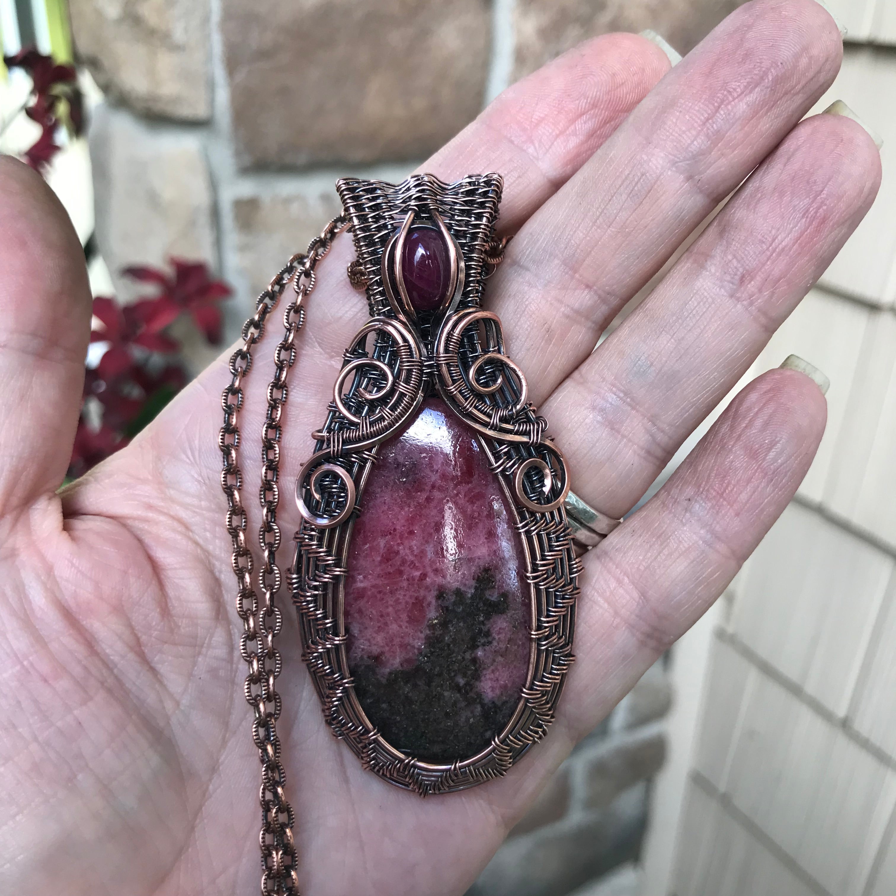 Rhodonite & Ruby Woven Copper Pendant