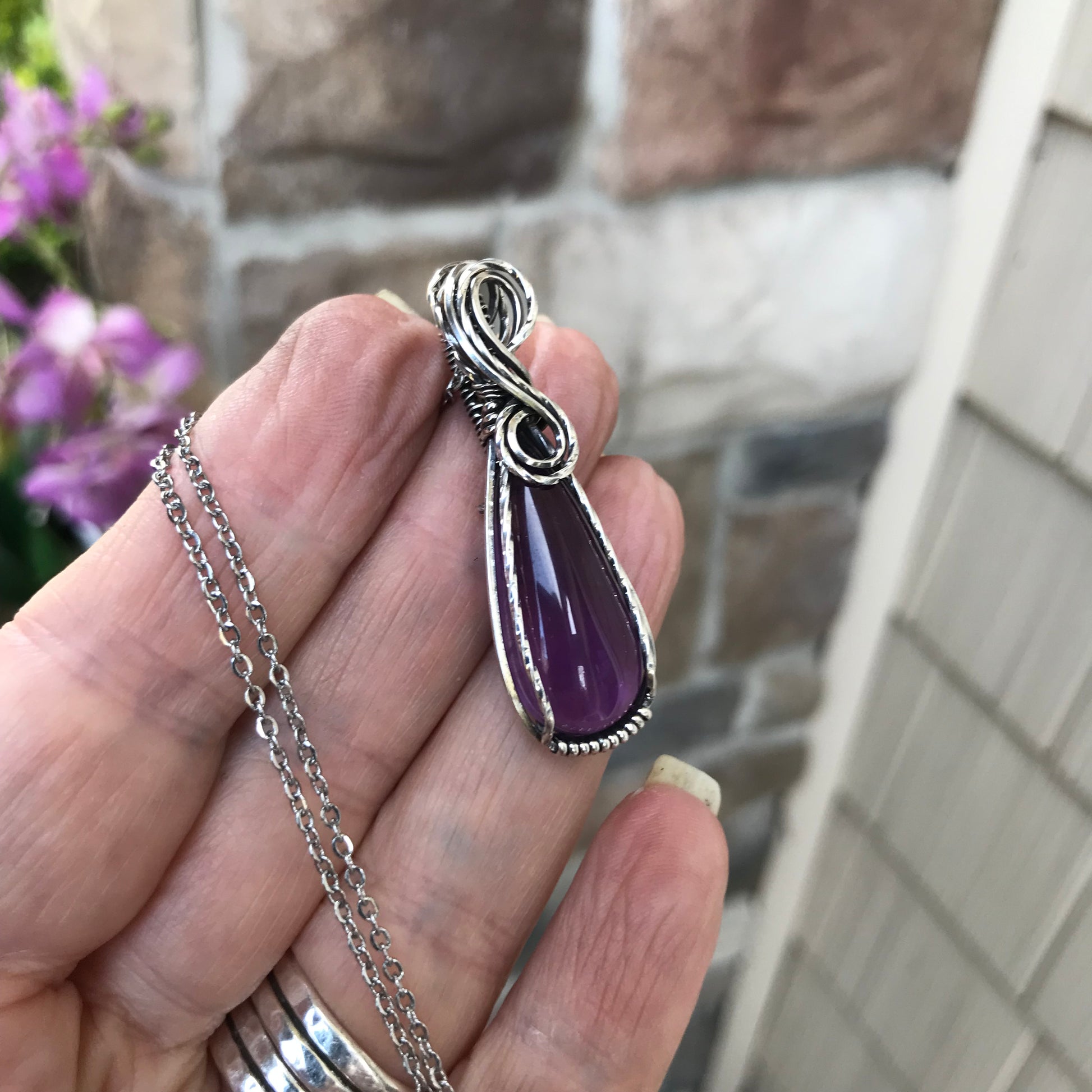 Amethyst Slender Teardrop Silver Necklace