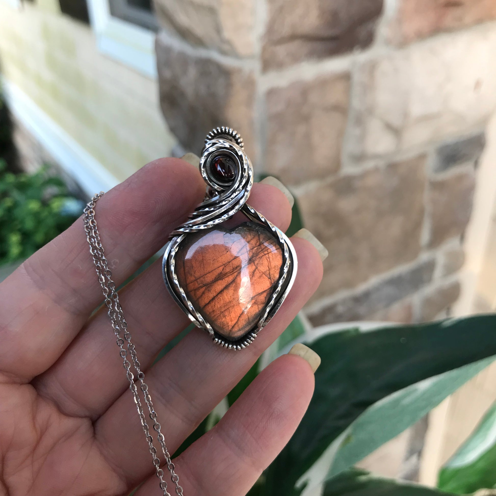 RESERVED FOR T. - Golden Amber Labradorite & Garnet Silver Pendant