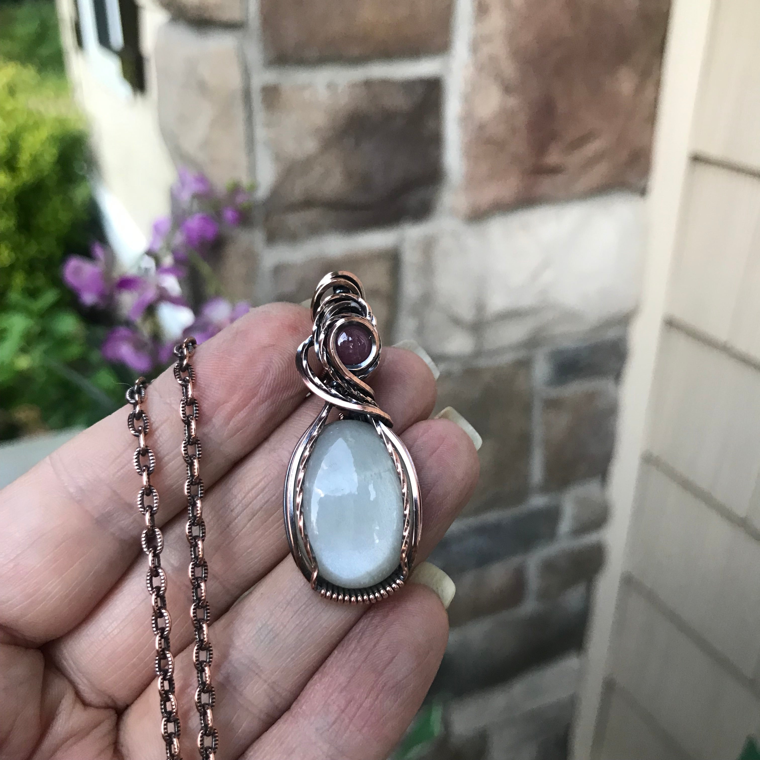 White Moonstone & Ruby Oval Copper Necklace