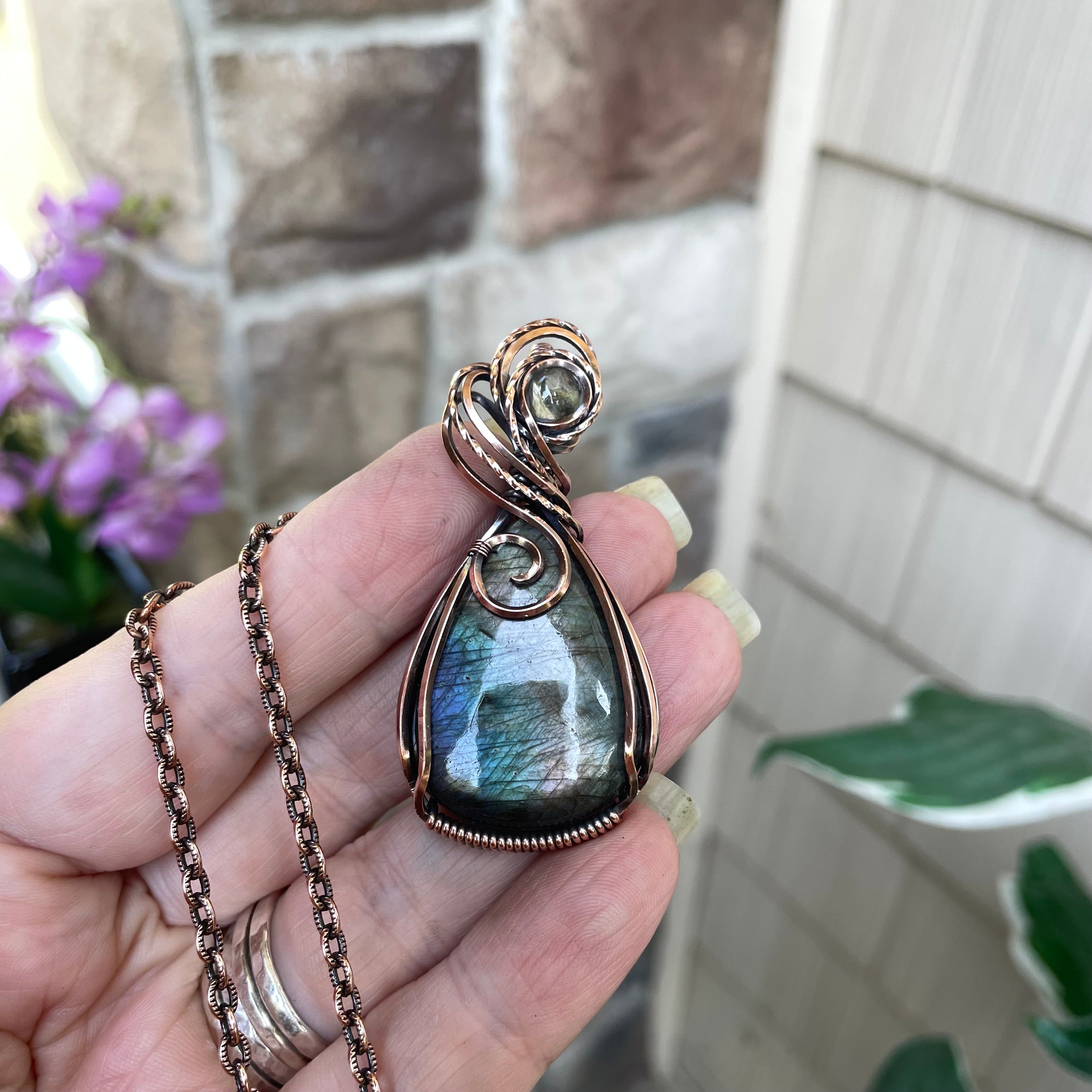 Slate Blue Green Labradorite & Prasiolite Copper Pendant