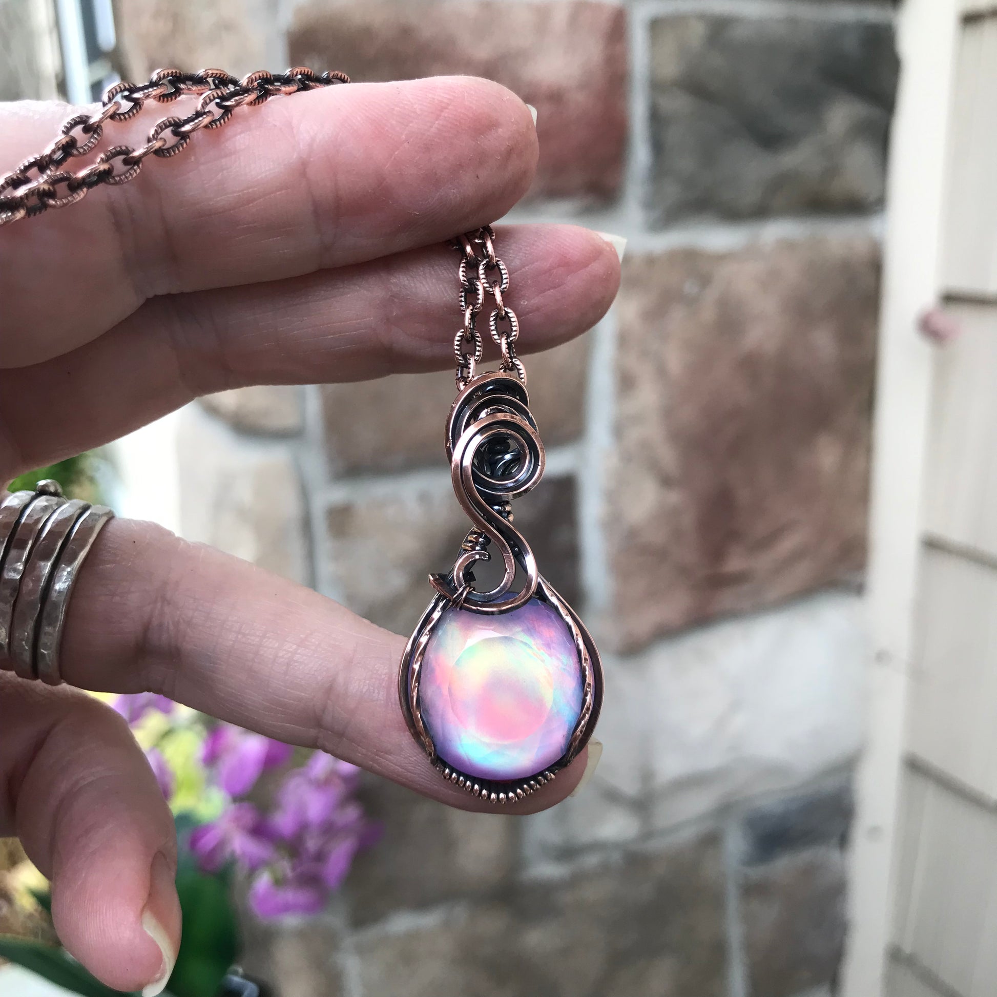 Aurora Opal Pastel Rainbow Round Copper Necklace