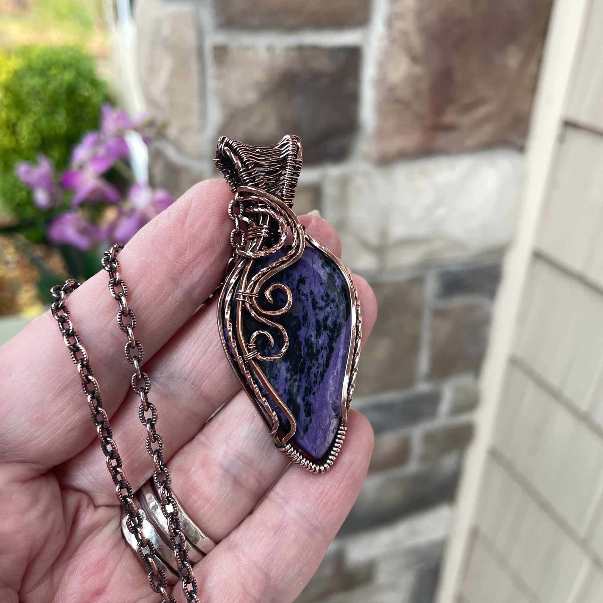 Charoite Swirly Copper Pendant with Woven Bail