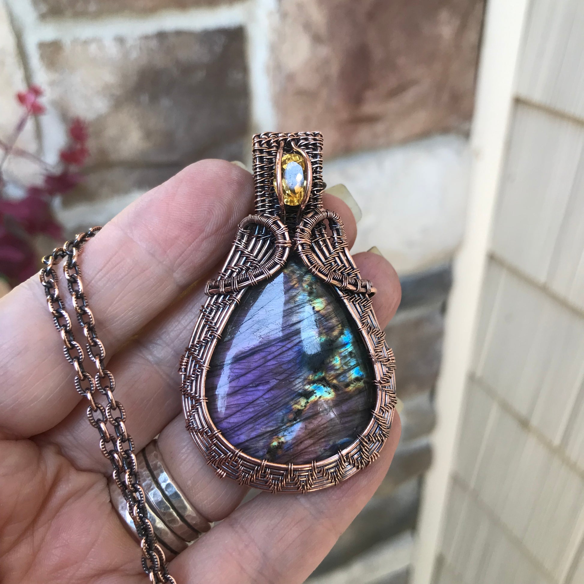 Purple Amber Labradorite & Honey Citrine Copper Woven Pendant