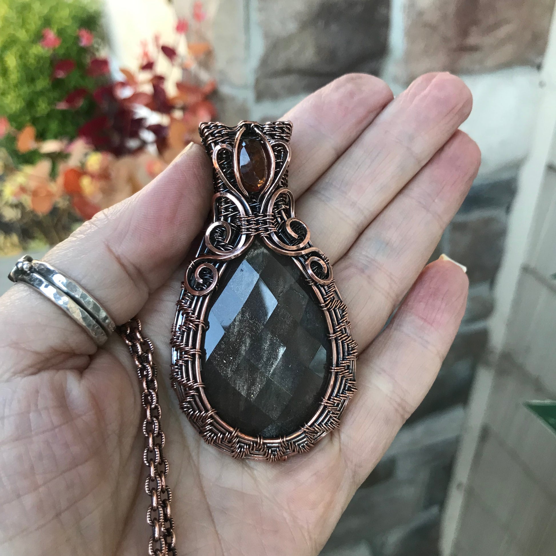 Sunstone & Hessonite Garnet Woven Copper Pendant