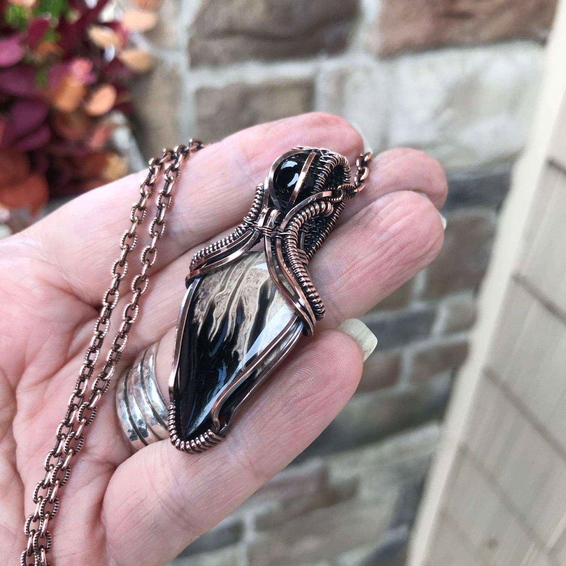 Petrified Palm Wood & Onyx Copper Necklace with Weaving