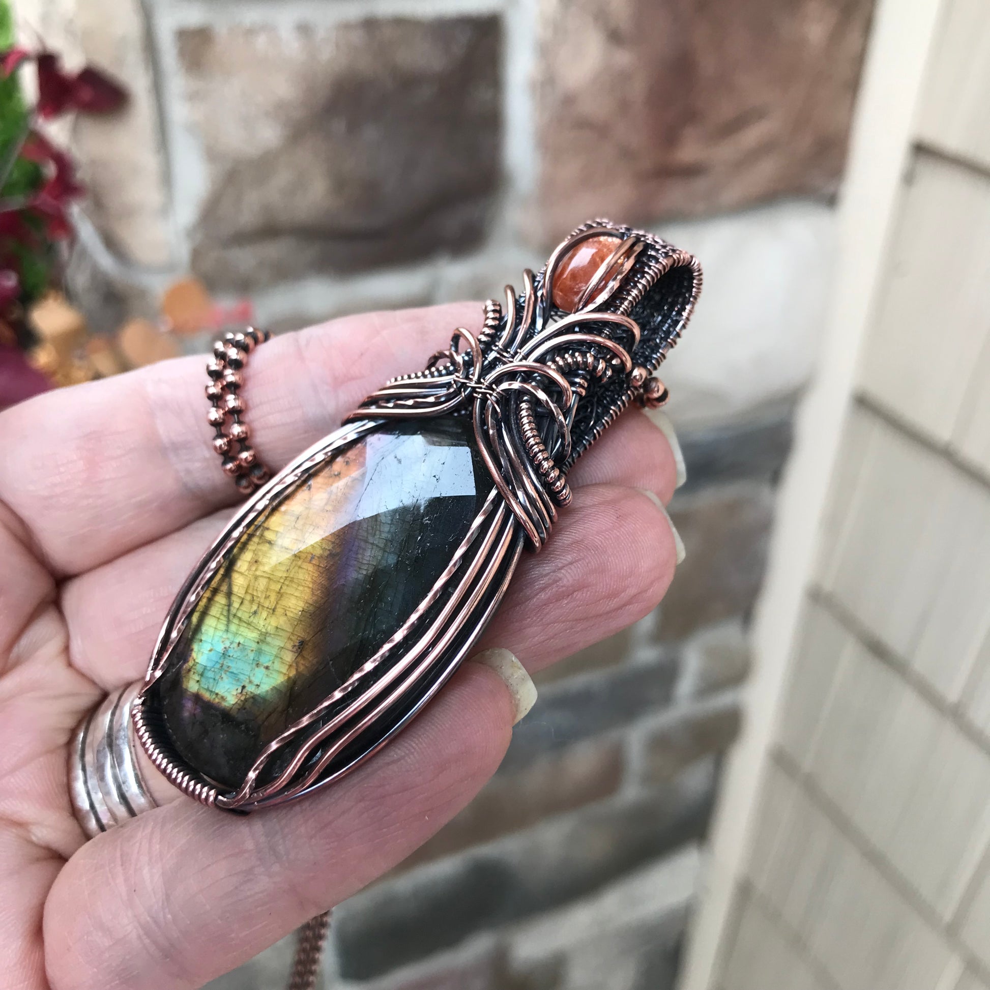 Yellow Amber Labradorite & Sunstone Copper Necklace with Weaving