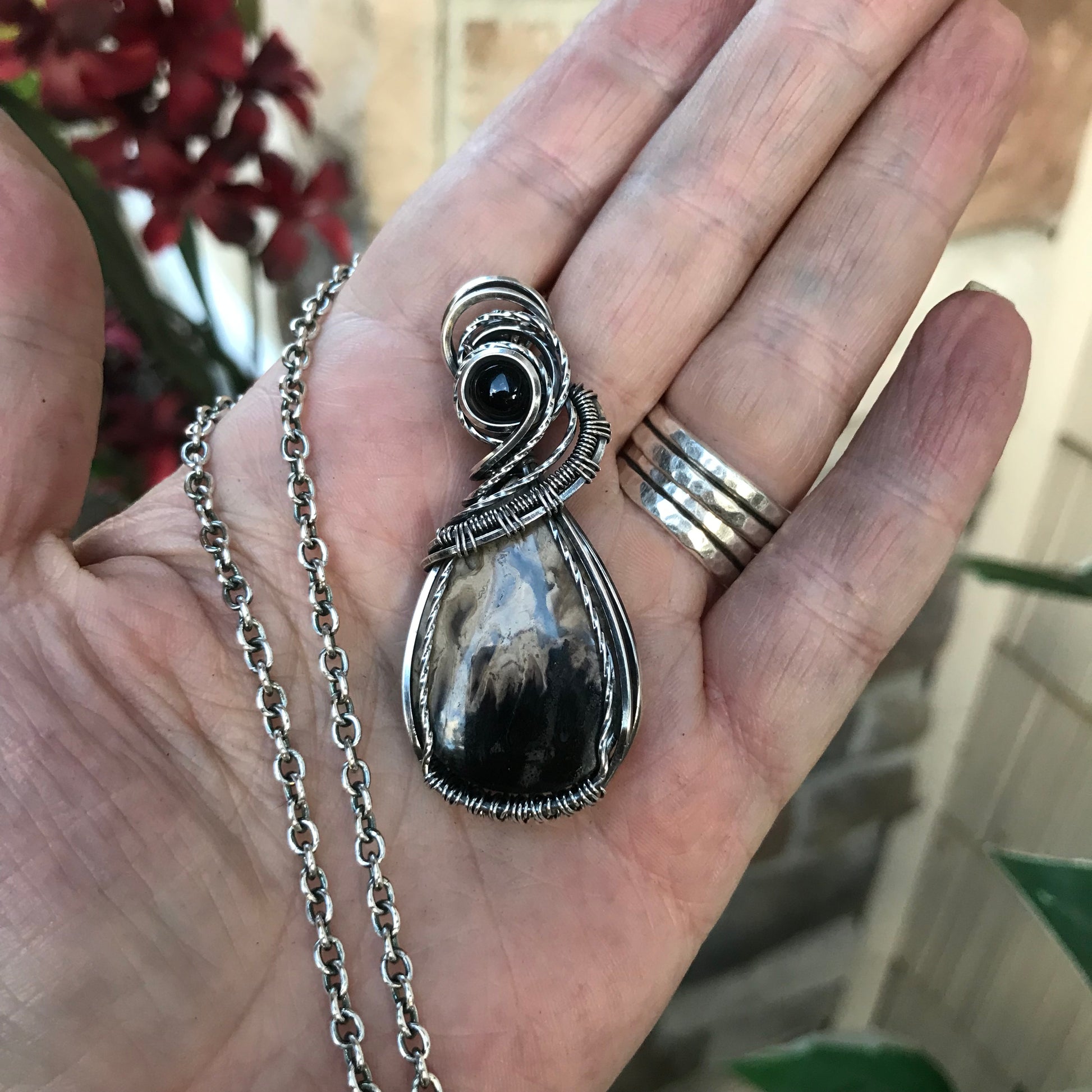 CUSTOM LISTING - Petrified Palm Wood & Black Onyx Silver Pendant