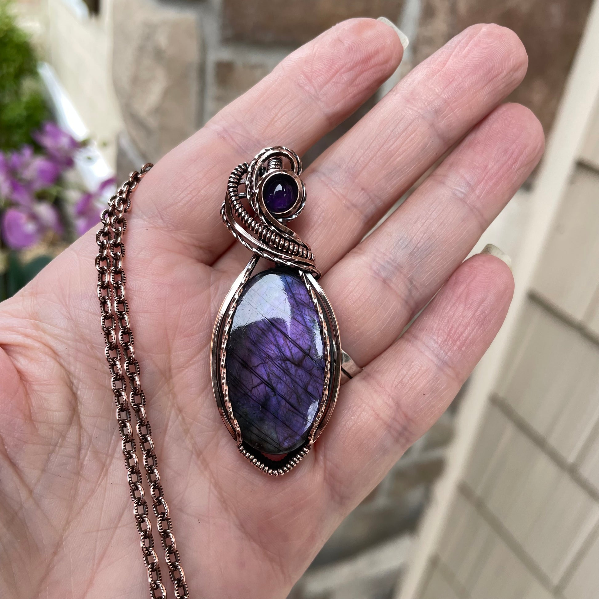 Purple Oval Labradorite & Amethyst Copper Pendant