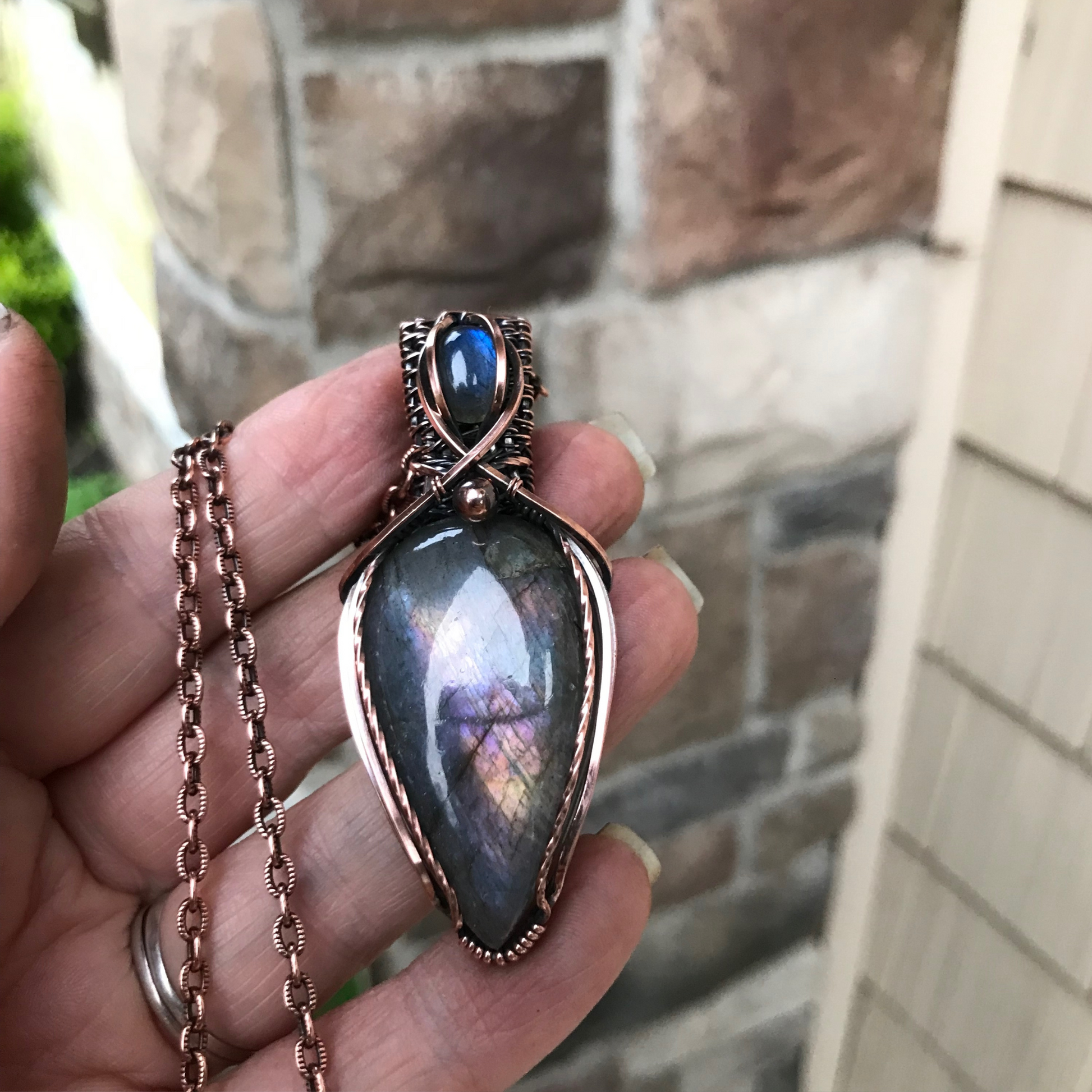 Rainbow Blue Labradorite Copper Pendant with Woven Bail