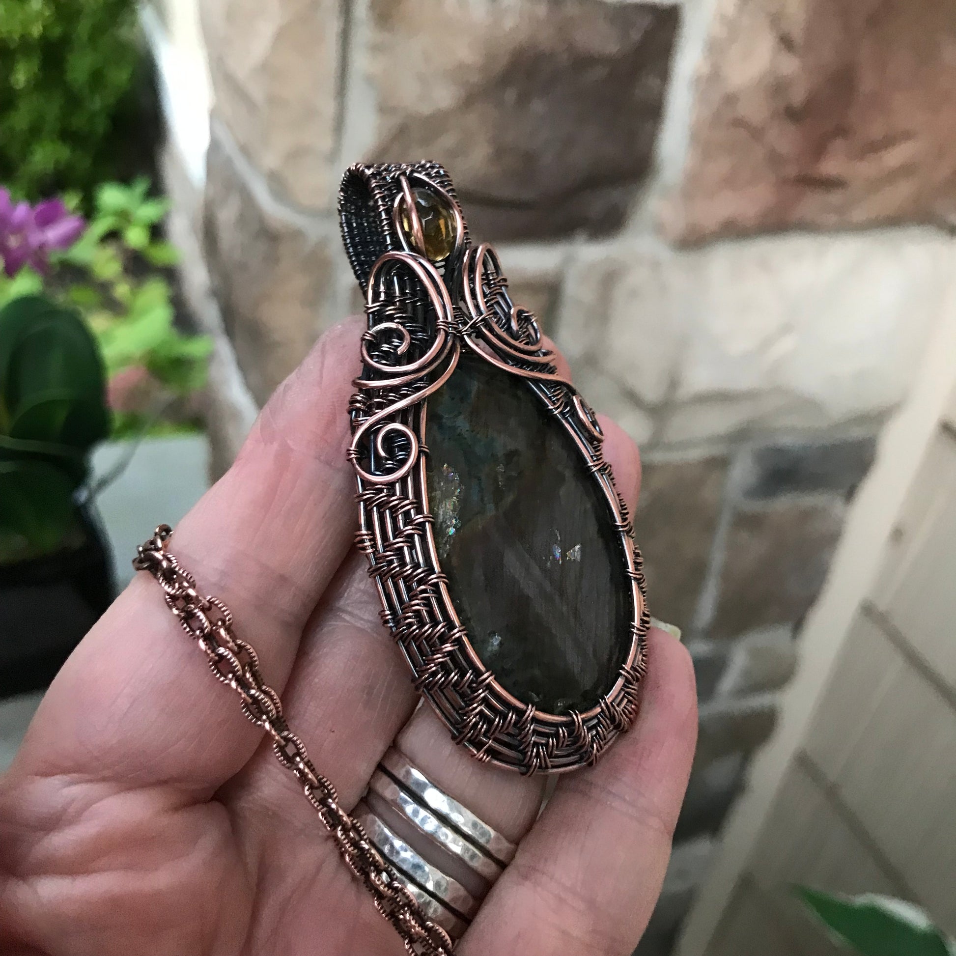 Purple Pink Labradorite with Citrine Woven Copper Pendant