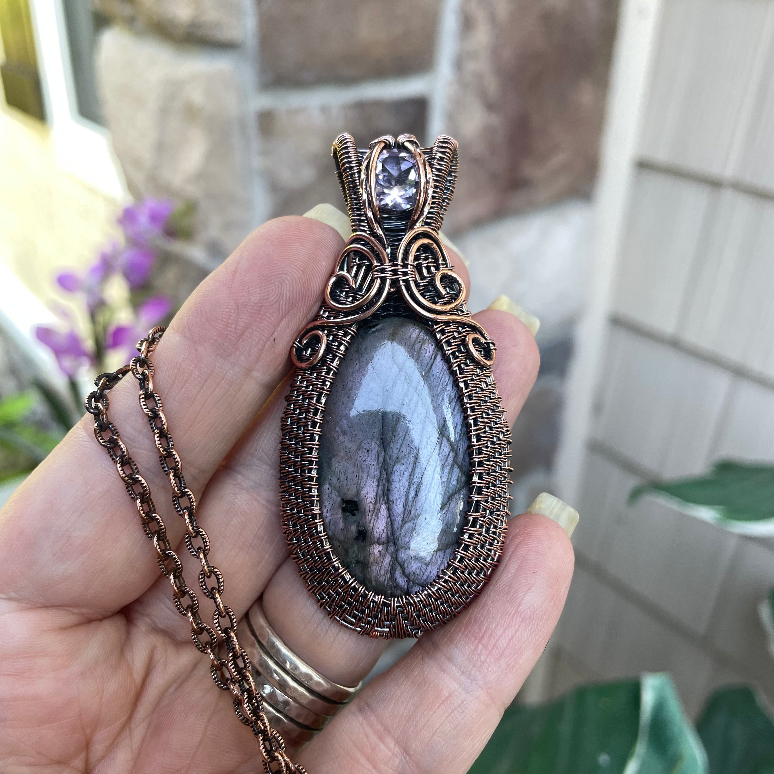 Purple Lavender Labradorite with Pink Amethyst Woven Copper Pendant