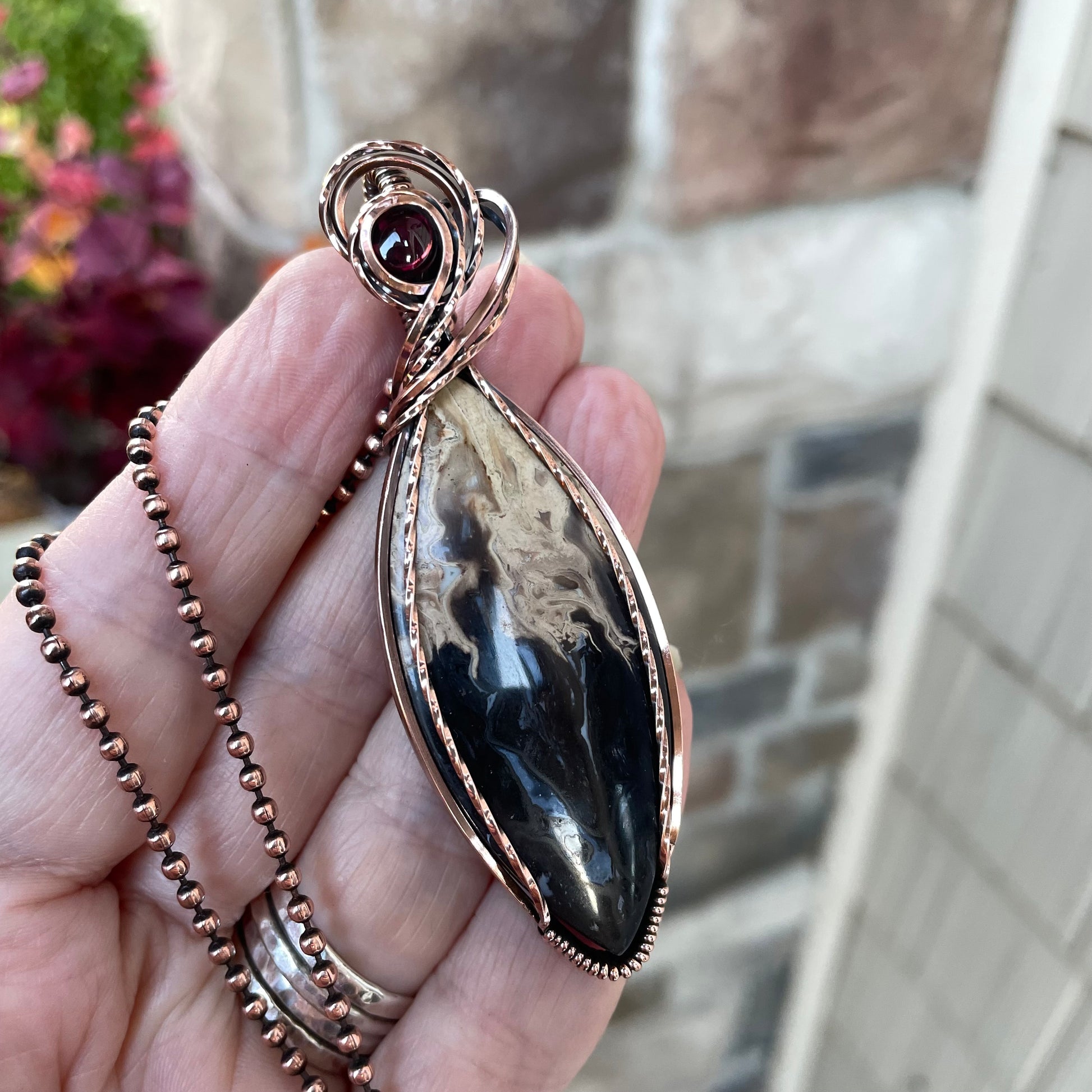 Petrified Palm Wood & Garnet Marquis Copper Necklace