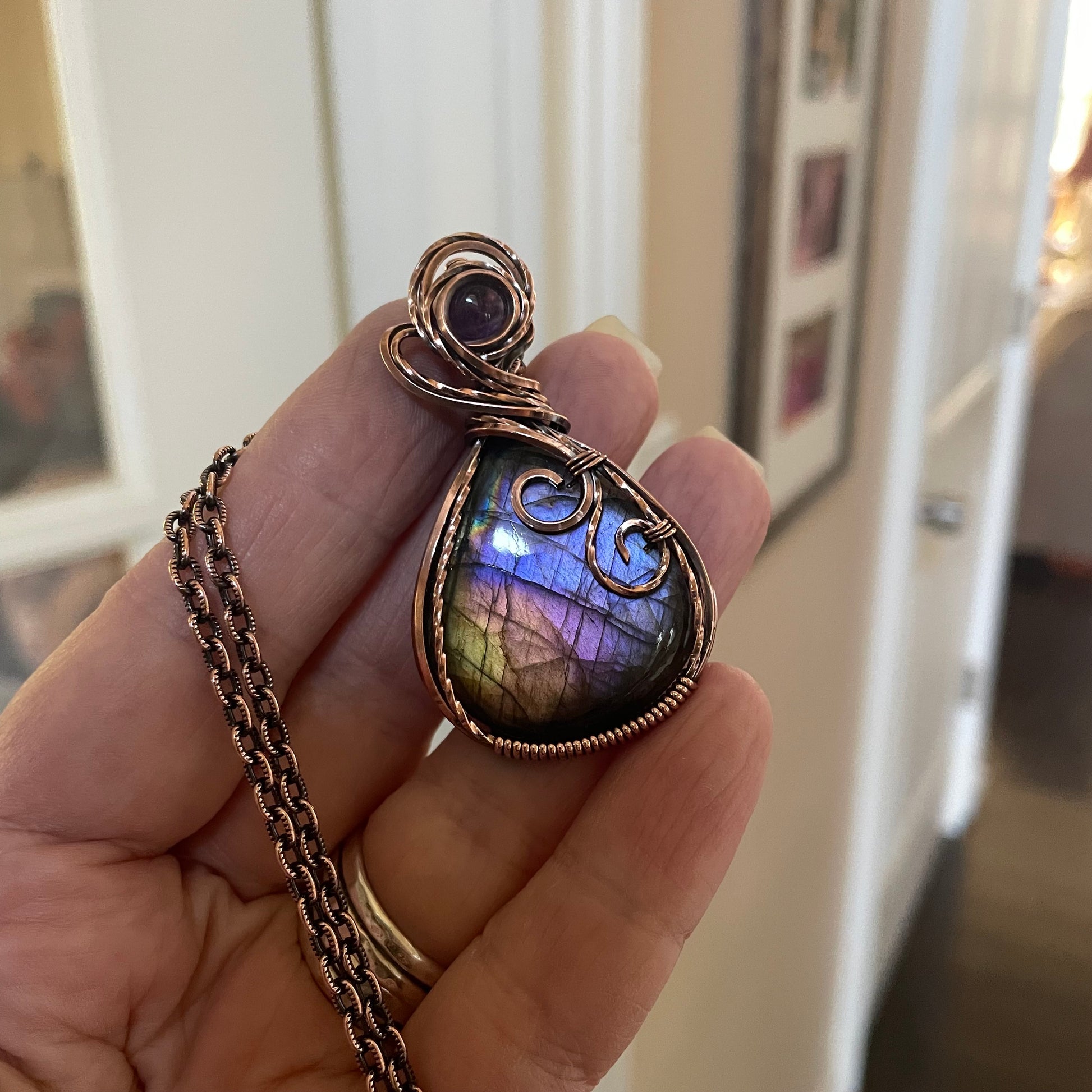 Rainbow Labradorite & Amethyst  Copper Pendant