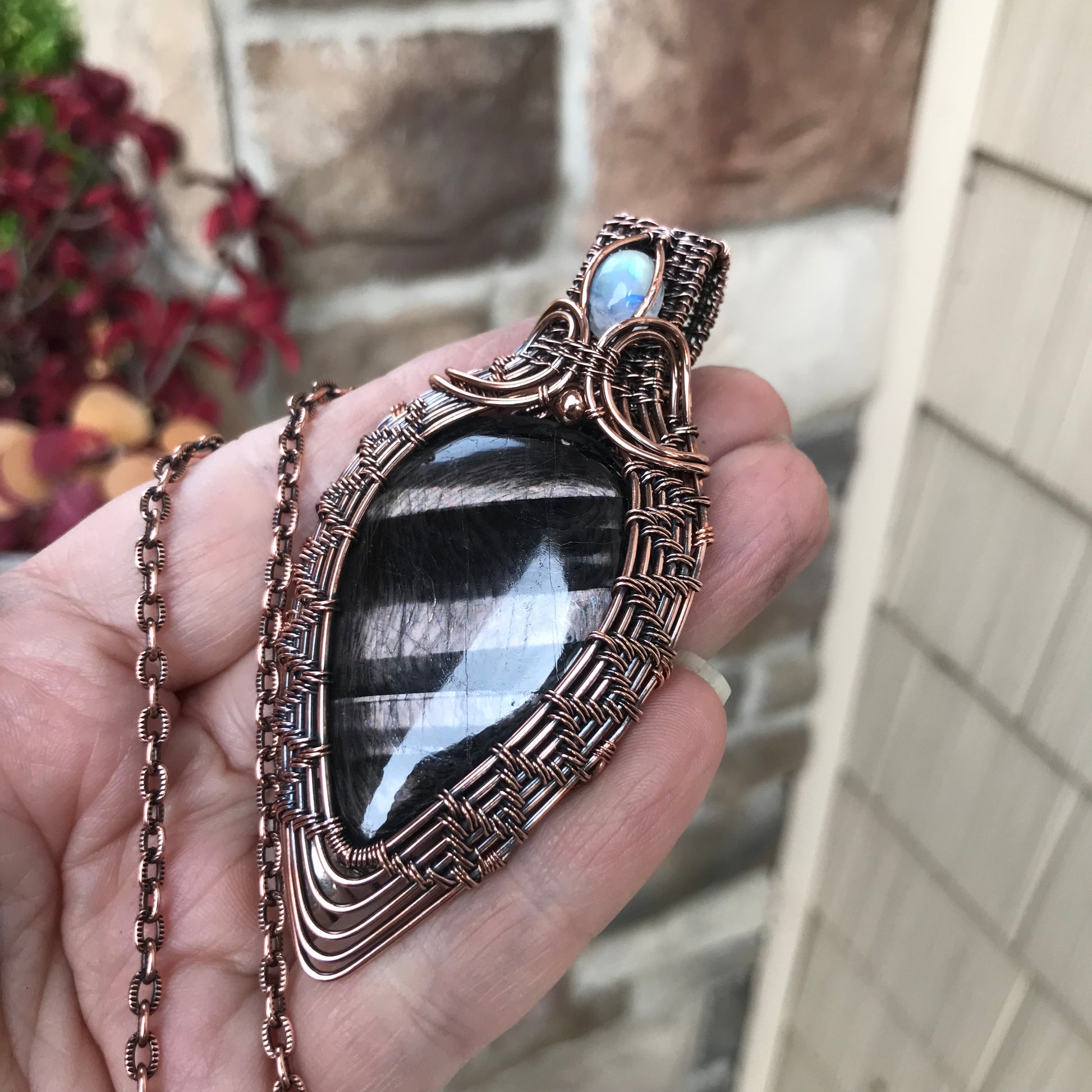 Hypersthene & Moonstone Woven Pendant