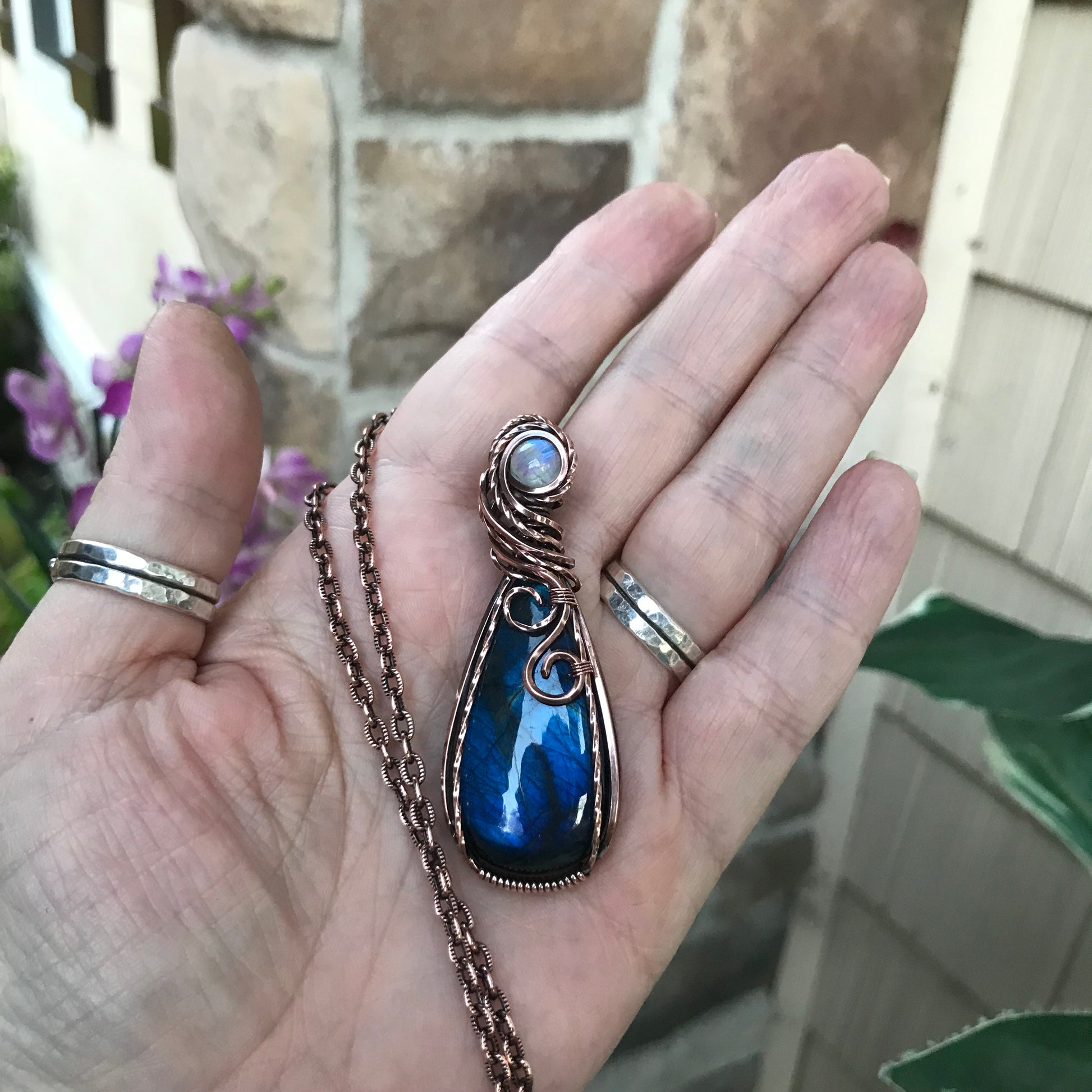 Blue Labradorite & Moonstone Slender Teardrop Copper Pendant